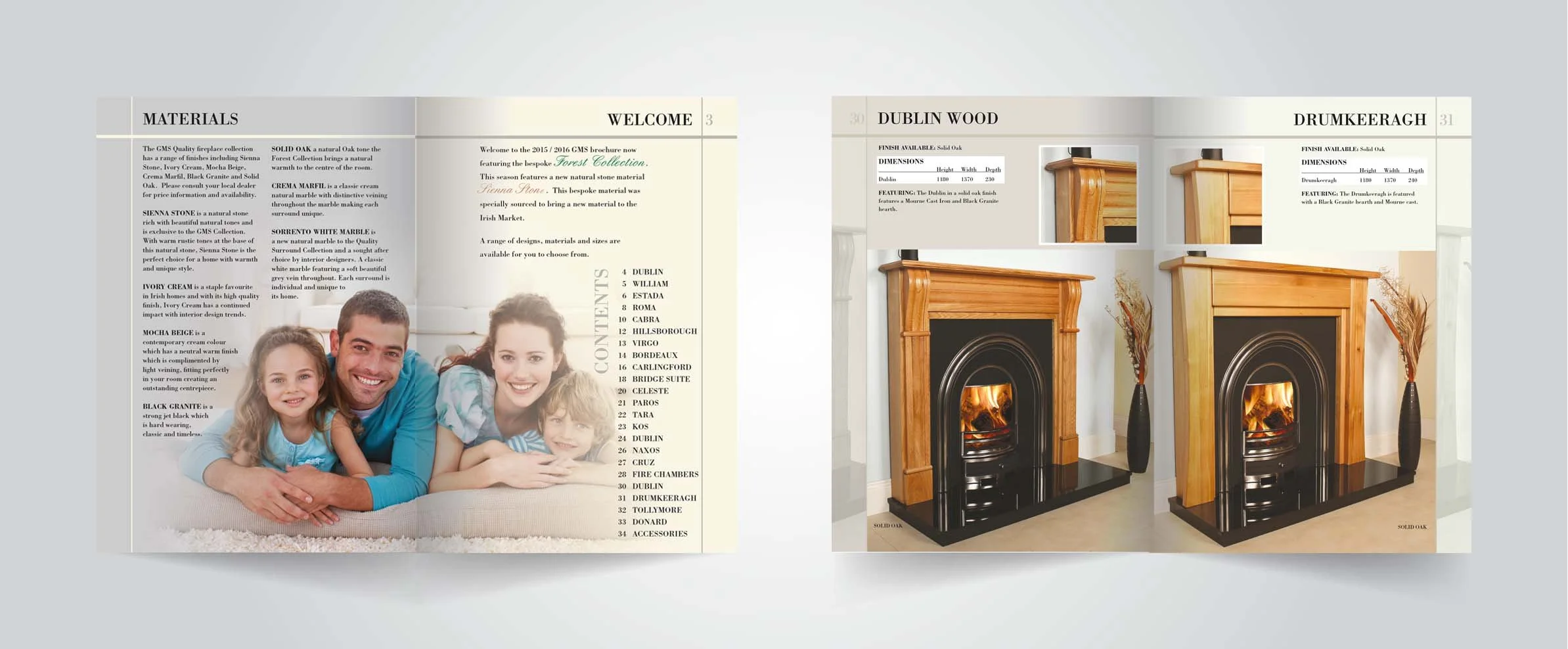 Two sets of double-page spreads showing simple layouts using images and text.