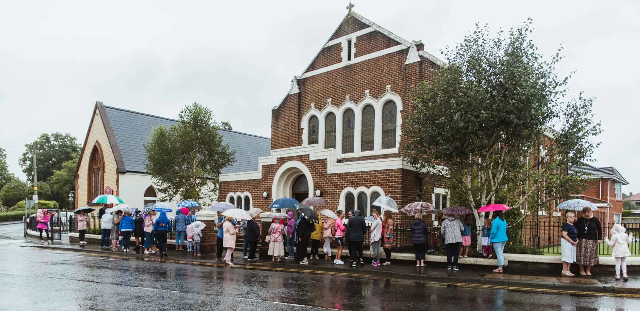 Edenderry Church photographed from outside in the rain.