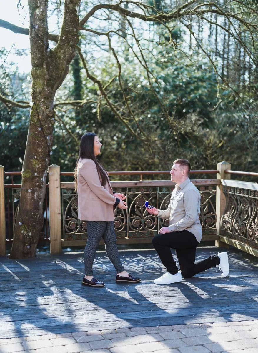 The male is down on one knee and proposes to the female in the Galgrom resort.