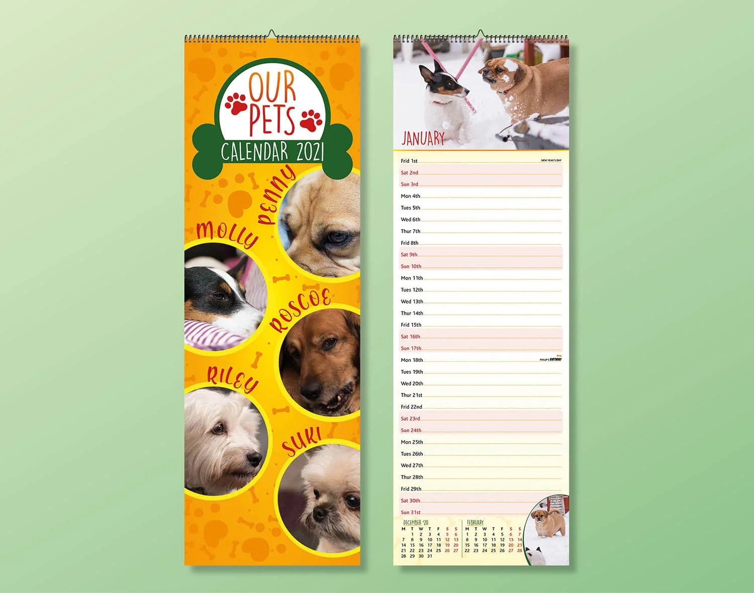 Portrait calendars with a wirbound and hanging hook.