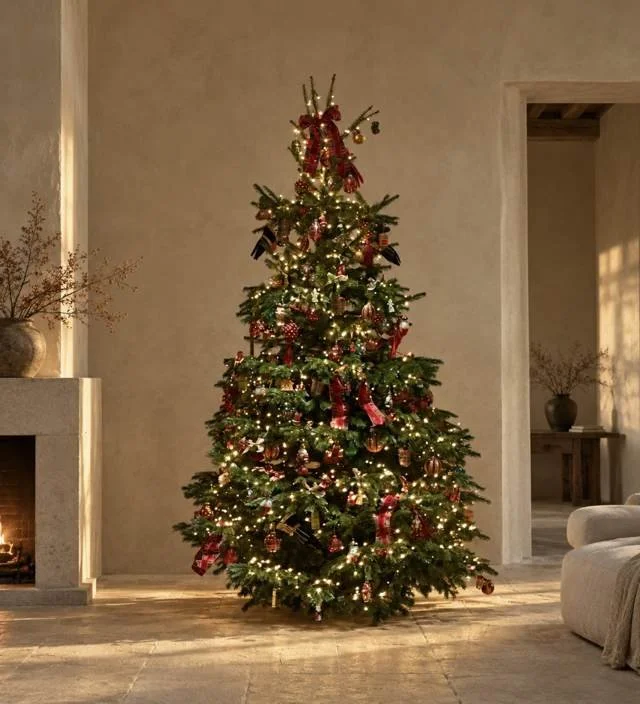 A fully decorated Christmas tree with traditional ornaments