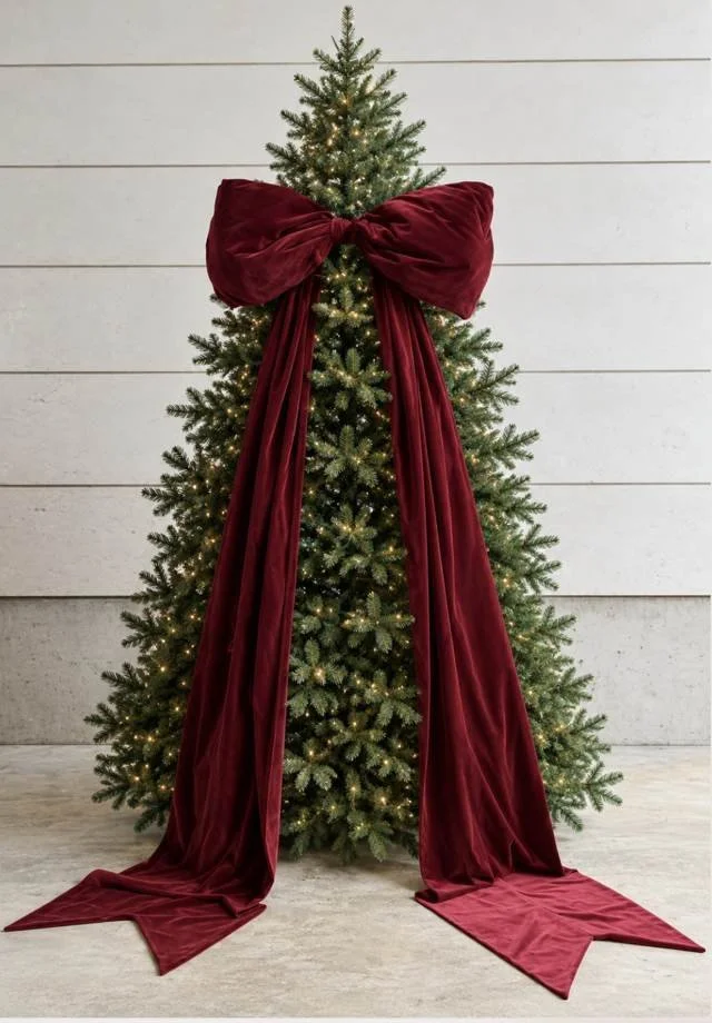 A lit Christmas tree with one oversized red velvet bow