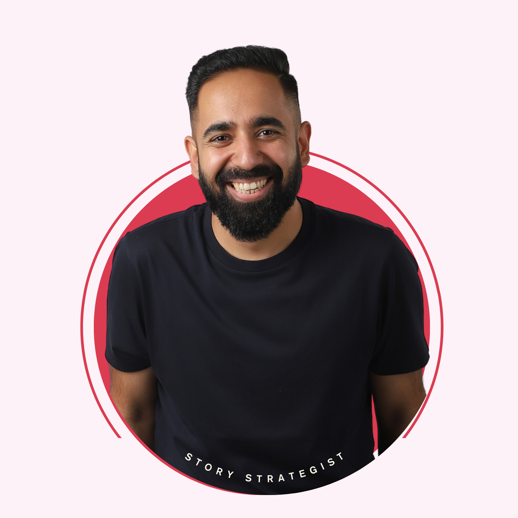 A smiling man with a beard and short, dark hair, wearing a black t-shirt, standing in front of a pink background with a circular design. The text 'STORY STRATEGIST' is written at the bottom of the circular design.