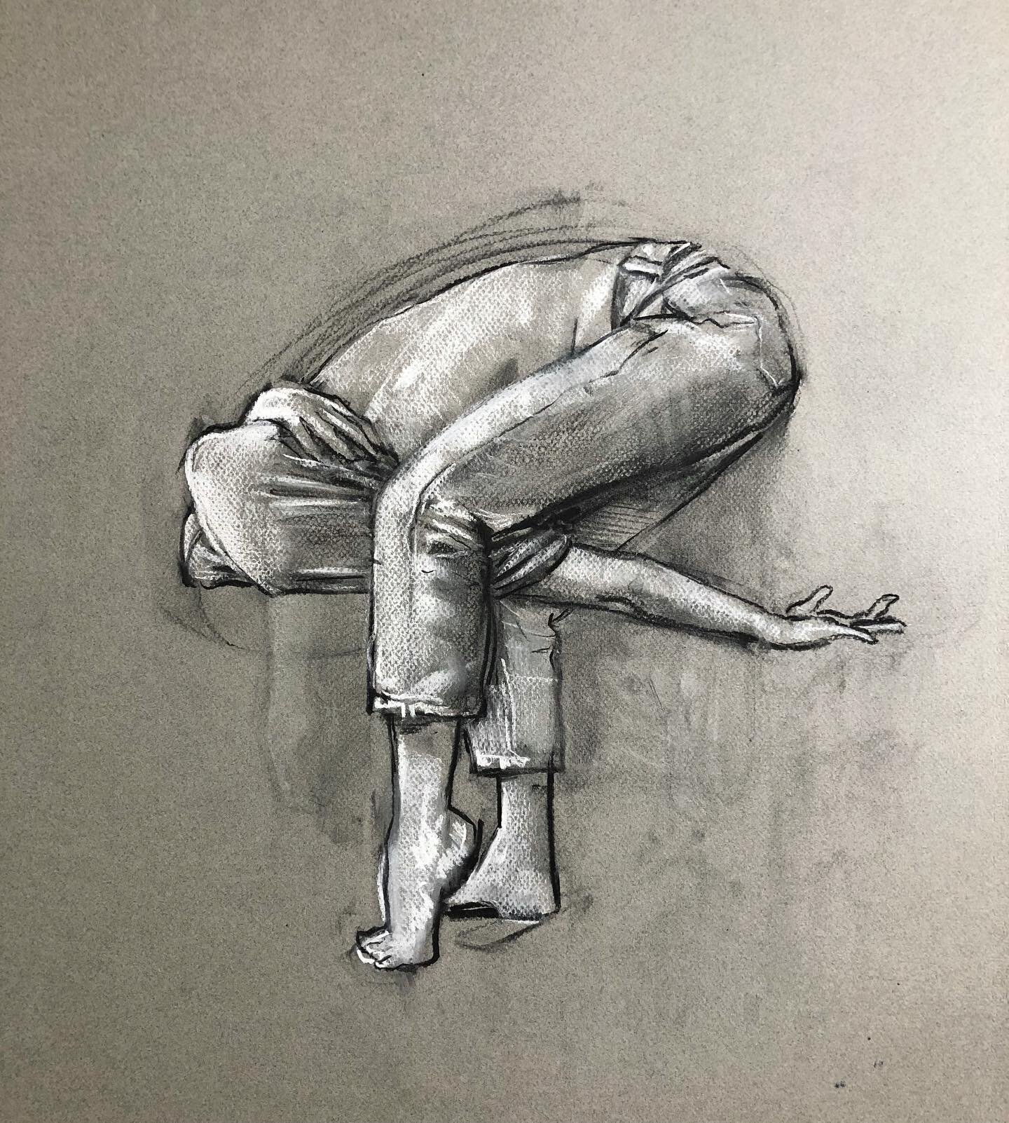 Figure drawing 19x16 inches, charcoal and conte on grey paper. Focusing on the isolated figure like this allows me to imagine the figure&rsquo;s identity and character before placing them into a painted environment. The shape of the pose, it&rsquo;s 