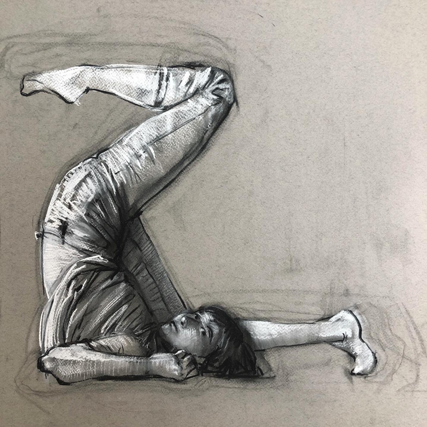 Charcoal and conte on grey paper. The gesture of the pose usually starts out large and then shrinks down through the drawing process. I like to think this process is similar to how a sculptor would approach clay or stone - carving and chiseling away 