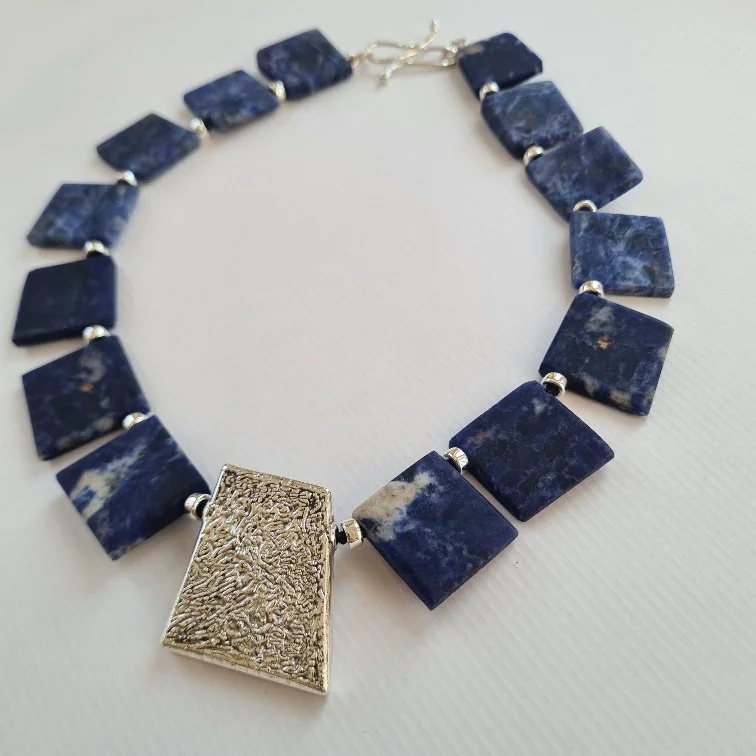 Sodalite Square Shaped Beads with Geometric Central Silver Shape
