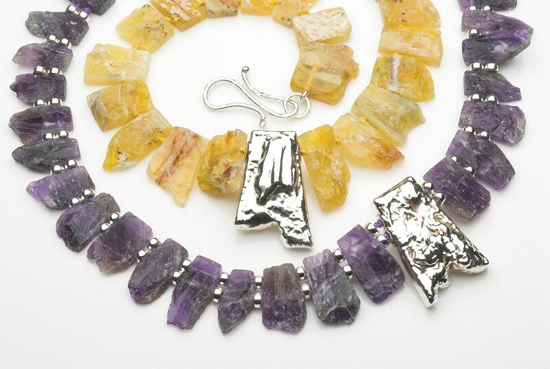 Calcite and amethyst necklaces with hallmarked silver shapes. £650 and £740.jpg