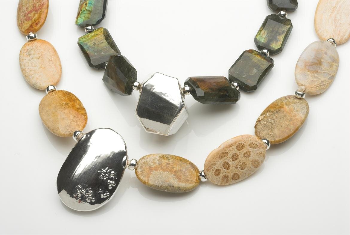 Labradorite and silver necklace £590 and Fossil stone necklace £530 .jpg