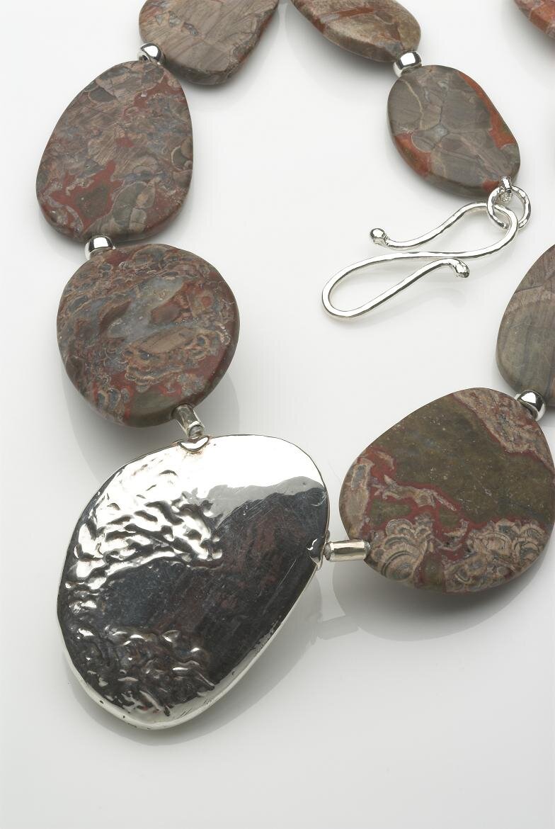 Mushroom Rhyolite necklace with hallmarked silver shape. £590.jpg