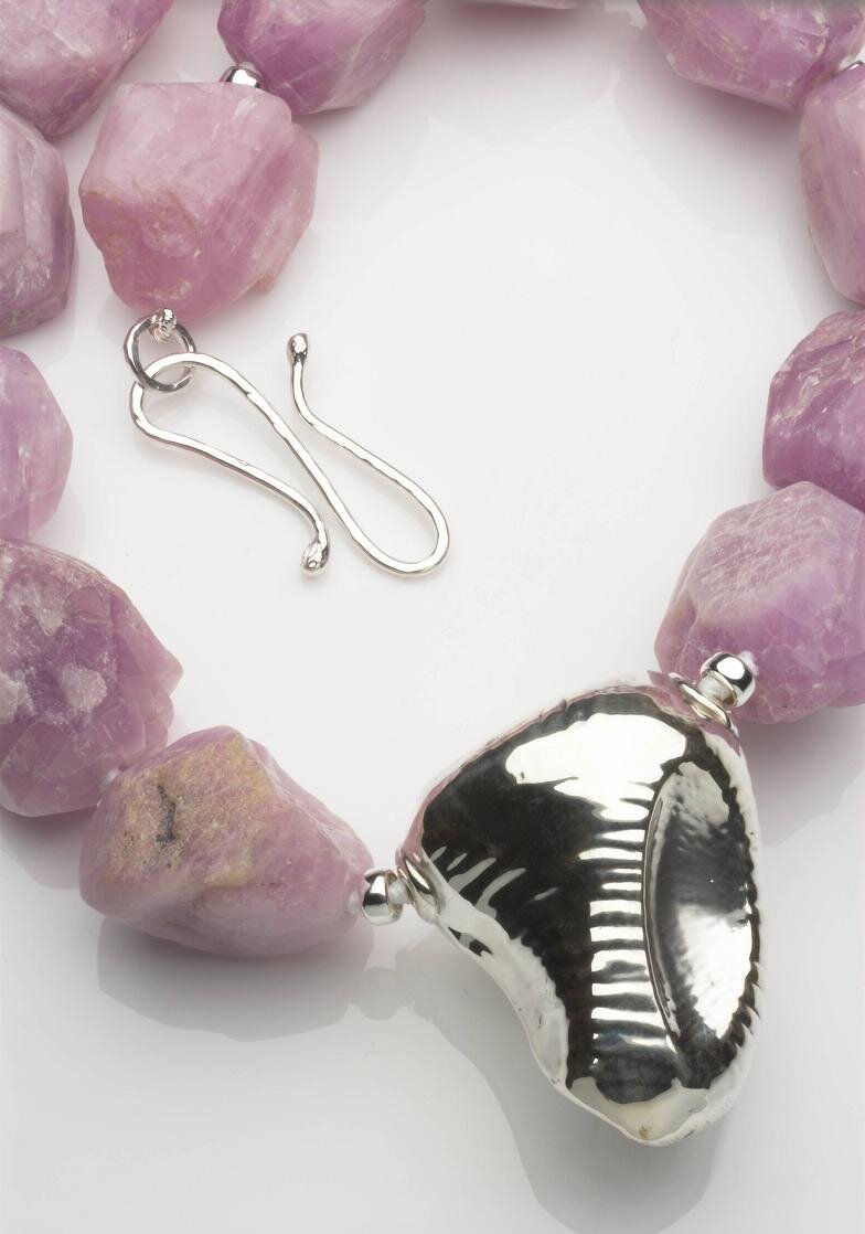 Kunzite and Silver necklace, hallmarked, redrilled,burred and individually knotted ££940.jpg