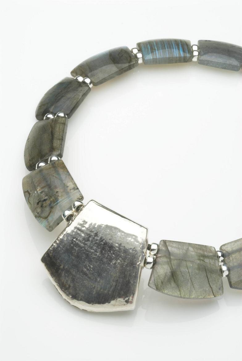 Labradorite and silver necklace, hallmarked,redrilled and burred and individually knotted. Reversible.jpg