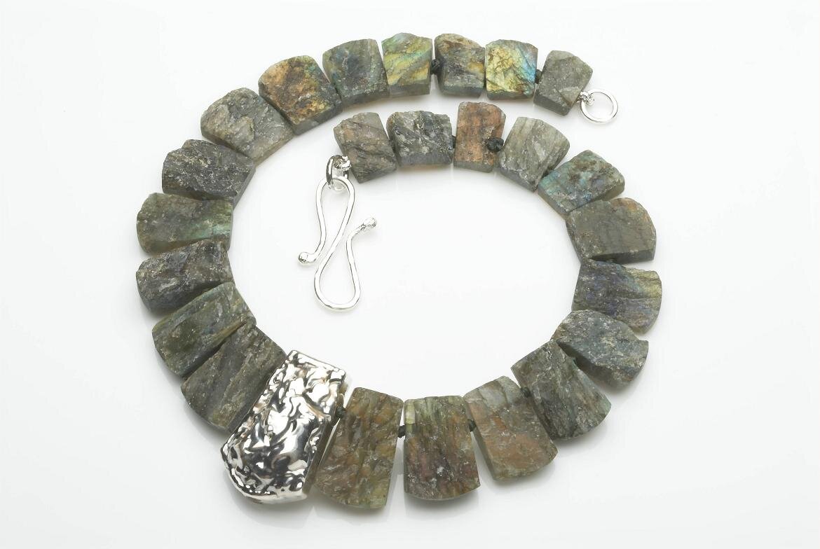 Labradorite and silver necklace, hallmarked,redrilled, burred and individually knotted. £720.jpg