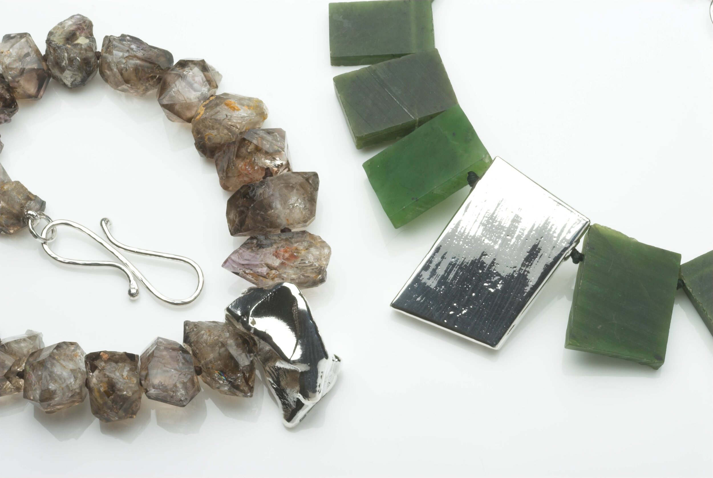 Rough cut Smokey quartz and smooth Canada Jade Necklaces with Silver Pendants ££590 and £740.jpg