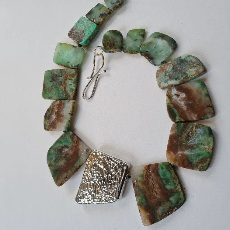 Chrysoprase Flat Stones With Central Silver Shape and Handmade Clasp.