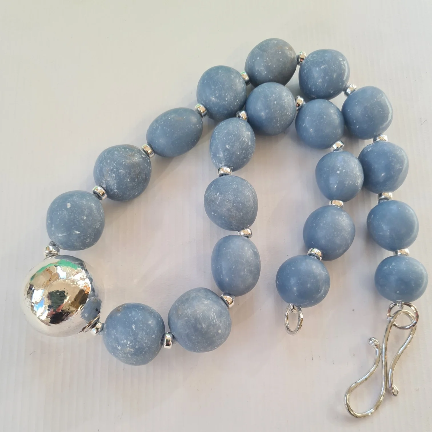 Angelite Necklace with Silver Pendant and Handmade Clasp