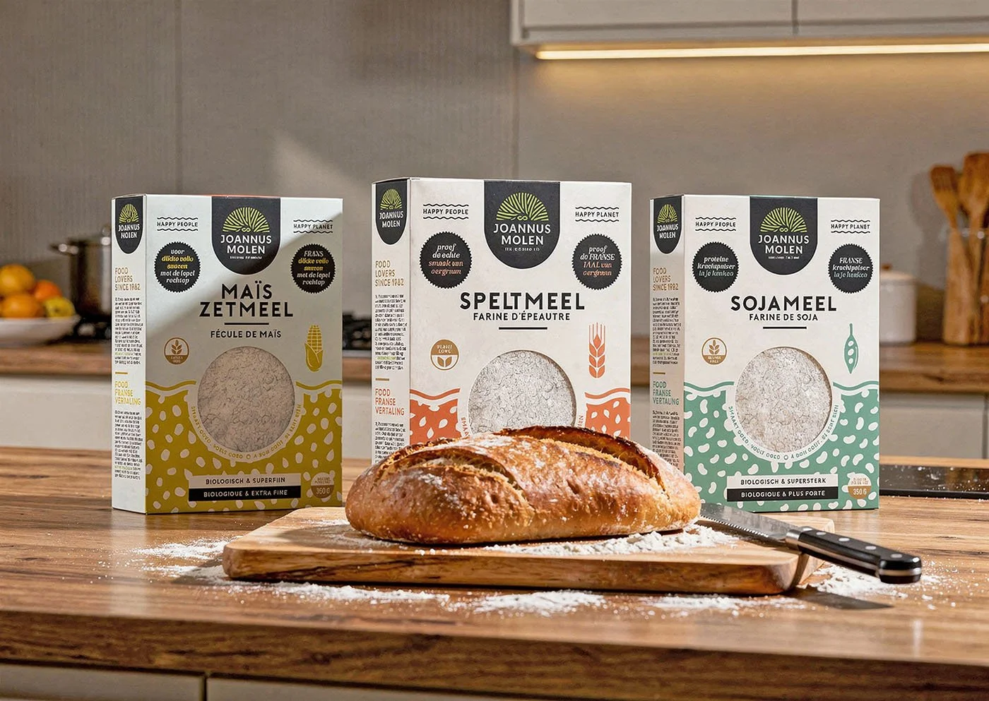 Joannusmolen Organic Food - Packaging design biologische melen en bakmixen.