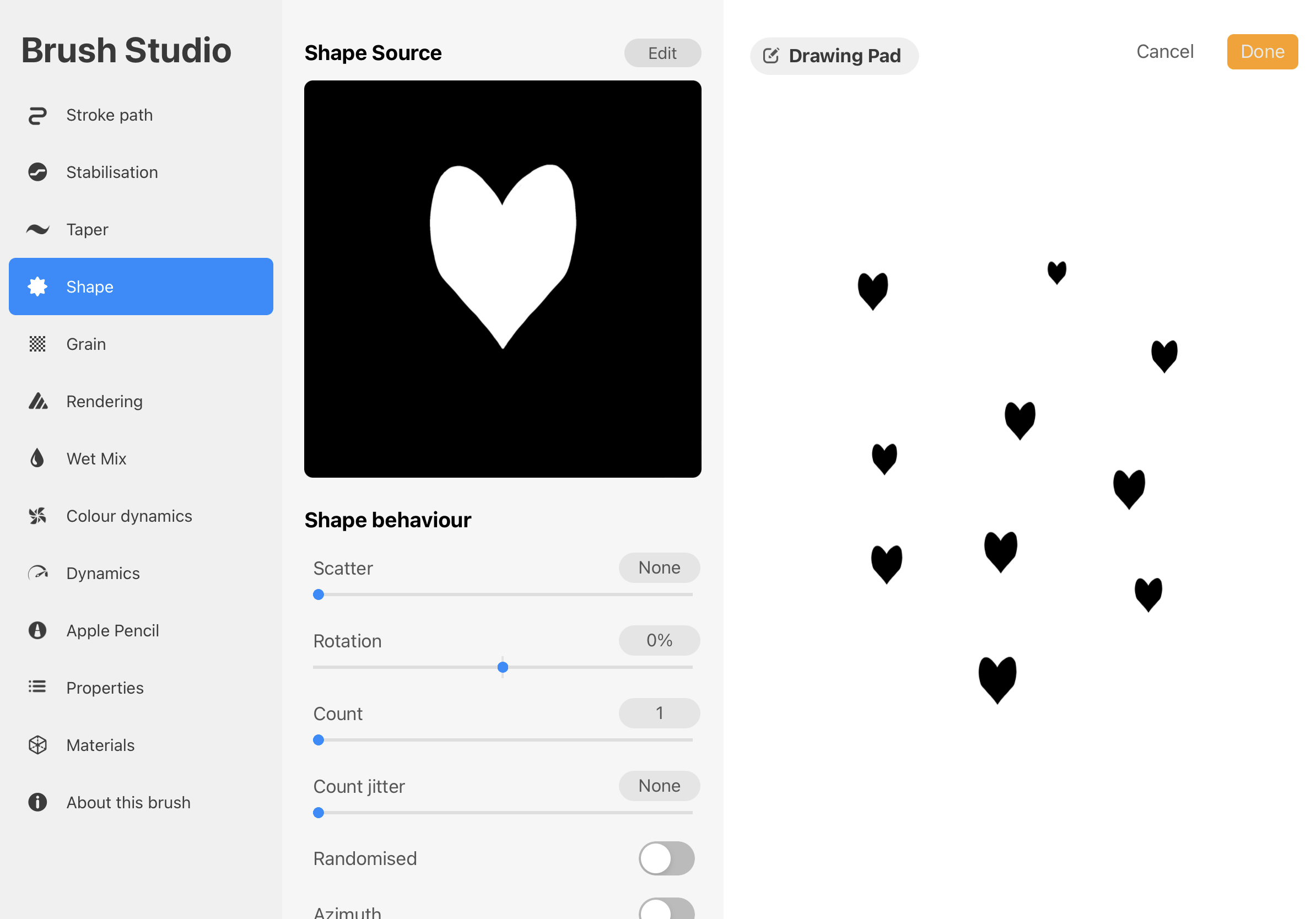 Test the shape brush by tapping your Apple Pencil on the Drawing Pad on the right.