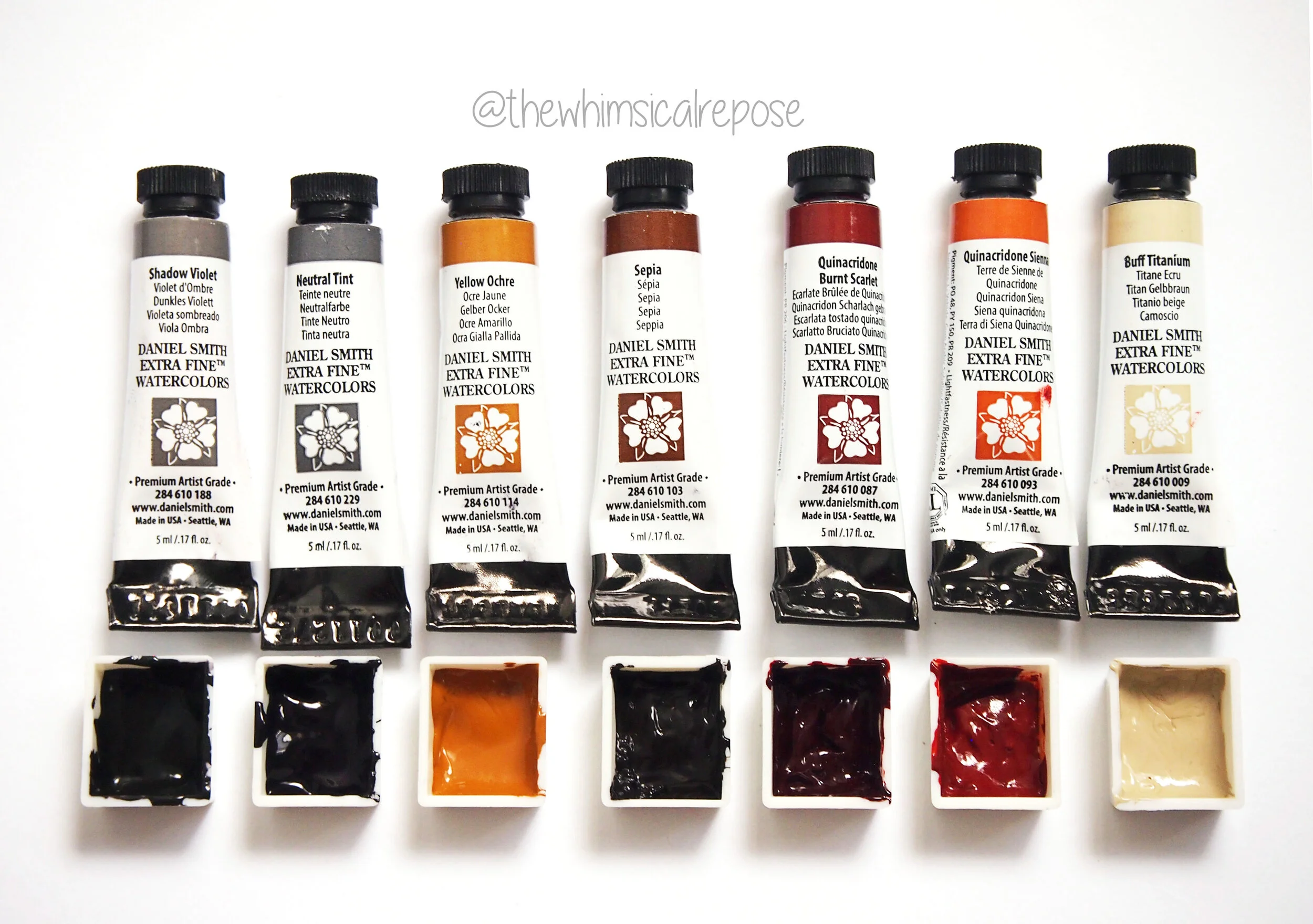 My Daniel Smith watercolour palette, also known as the crown jewel of my collection  I believe they were not available in pans when I bought them, so I picked some colours and they came in tubes which I squeezed into empty half-pans.