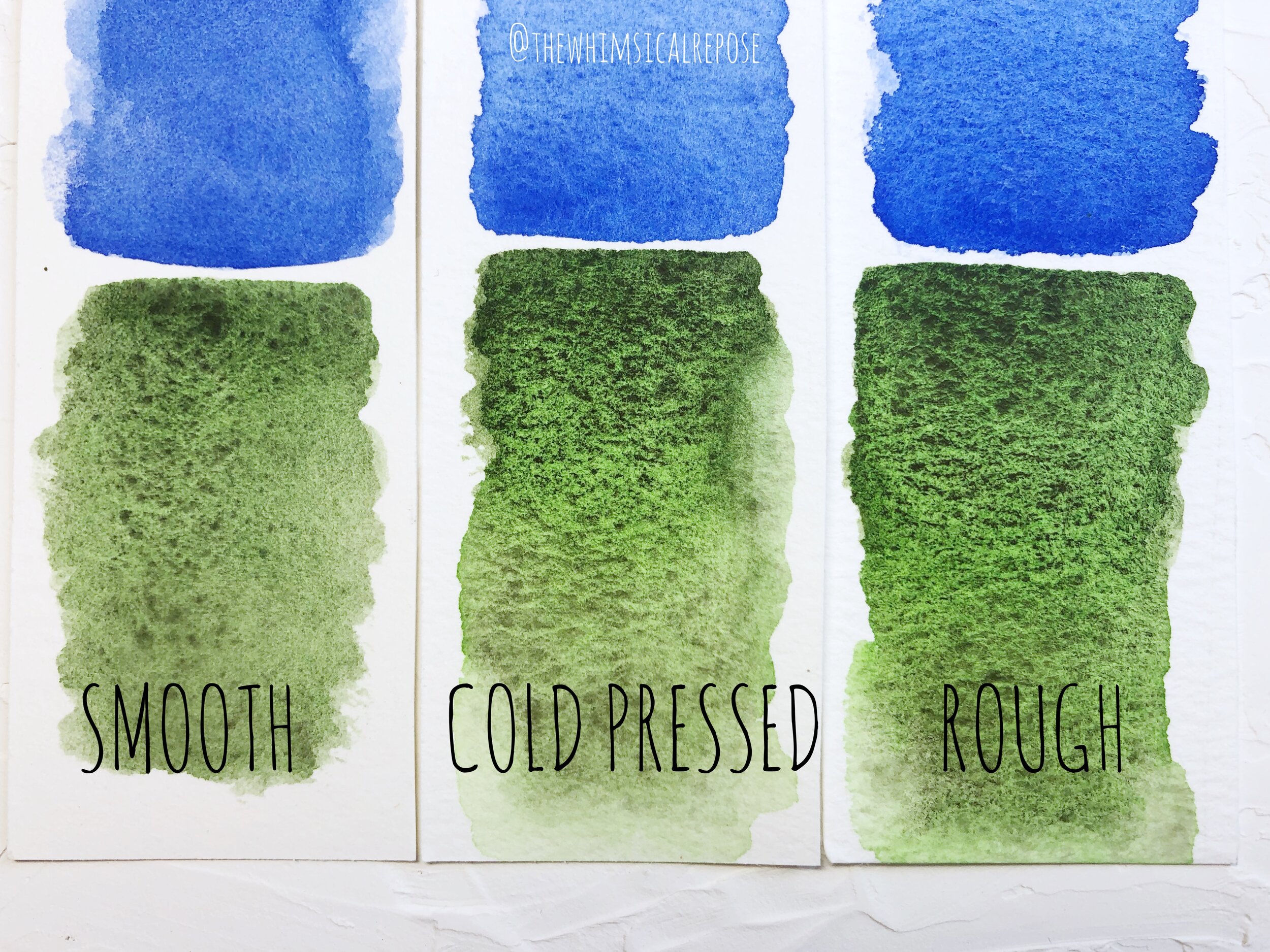 This sample has been painted on Bao Hong Watercolour Paper in three different textures using the same granulating paint from Daniel Smith. I chose a granulating paint because it tends to show the contrast more obviously when you want to compare paper types.