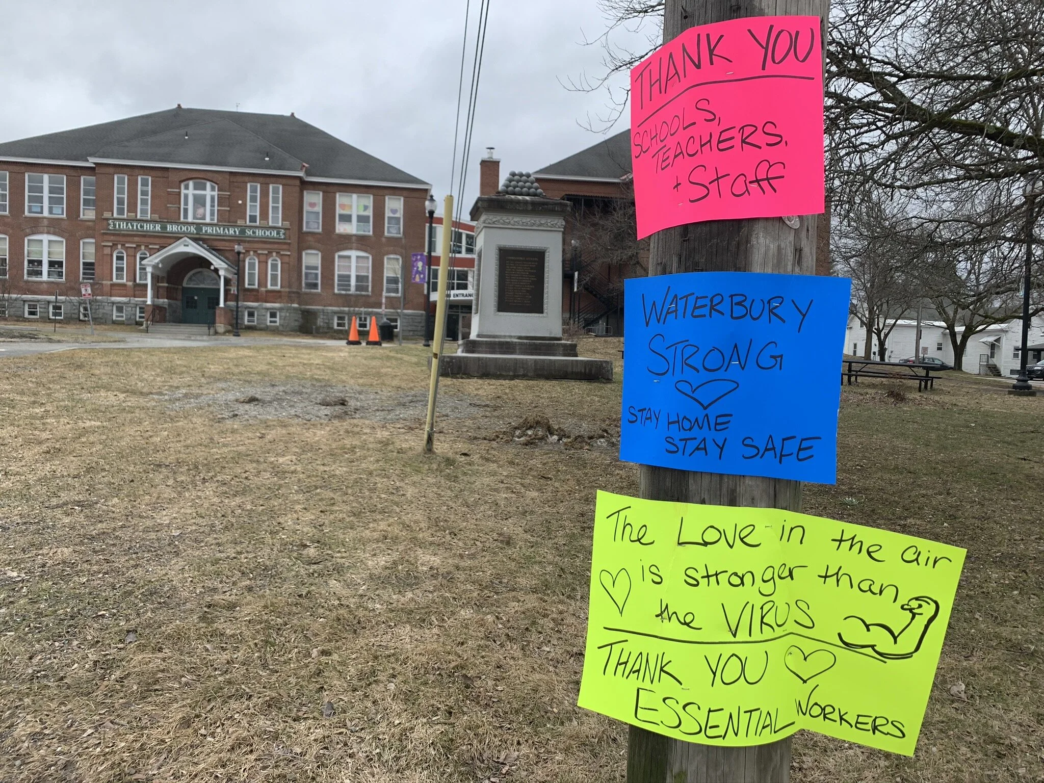   Signs along the sidewalk in front of Thatcher Brook Primary school thank teachers and staff for their efforts now that school has shifted to at-home learning for the rest of the academic year. Photo by Lisa Scagliotti.  