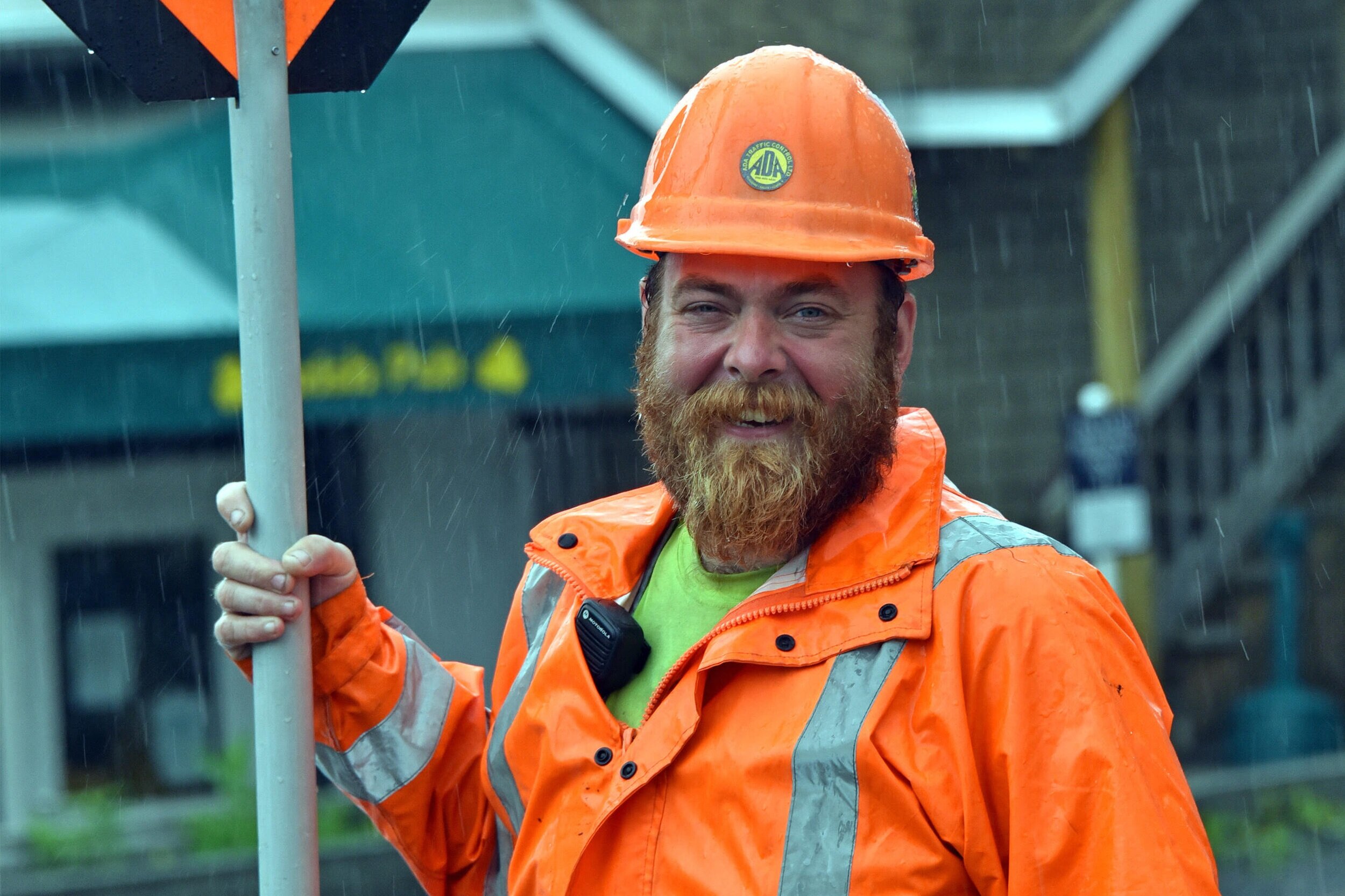 Blown away: Flagger holds on, rides out pop-up thunderstorm