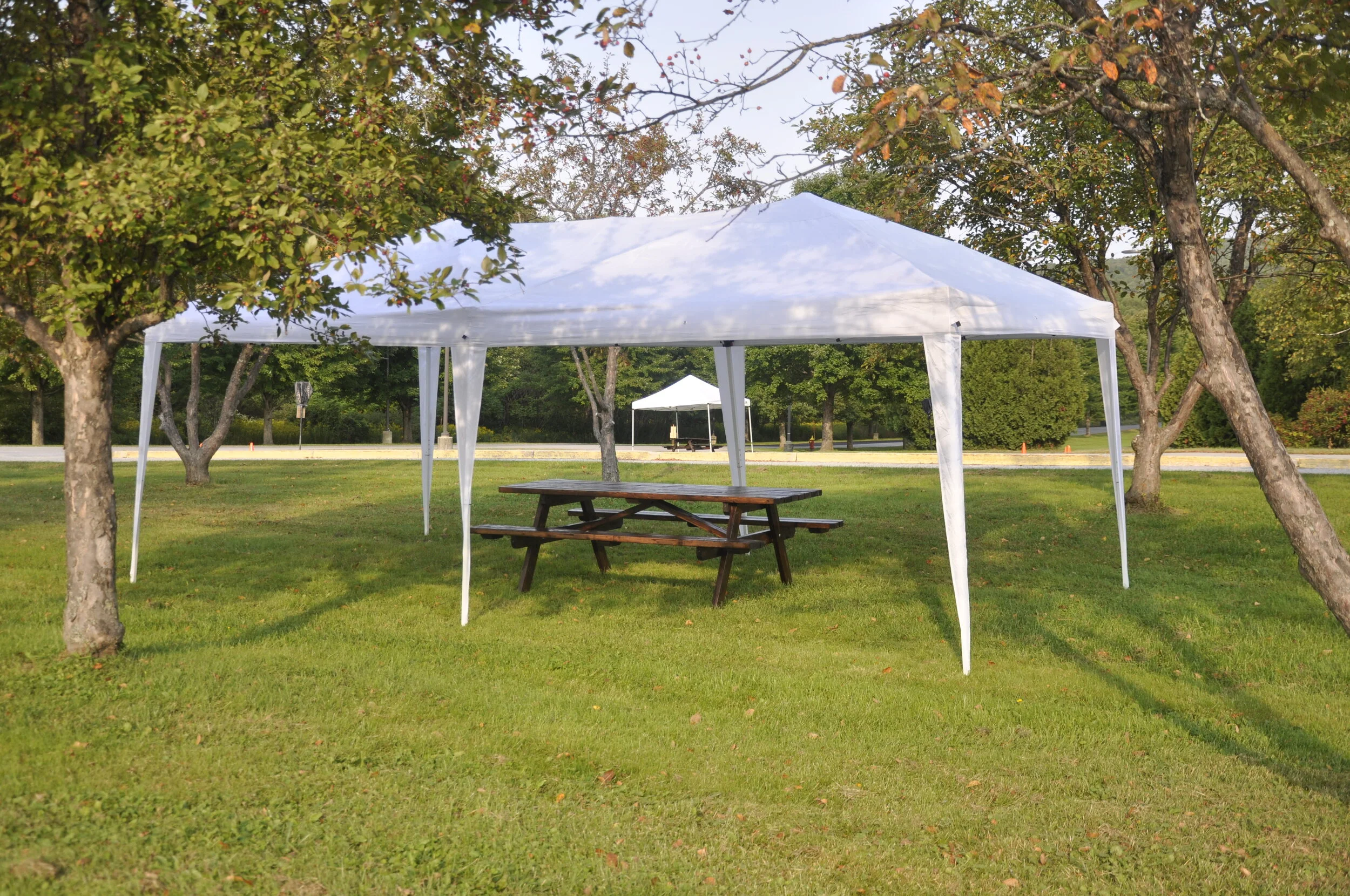   Multiple open-sided tents dot the school grounds at Crossett Brook for classes to have covered spots to gather for outdoor lessons. Photo by Lisa Scagliotti.  