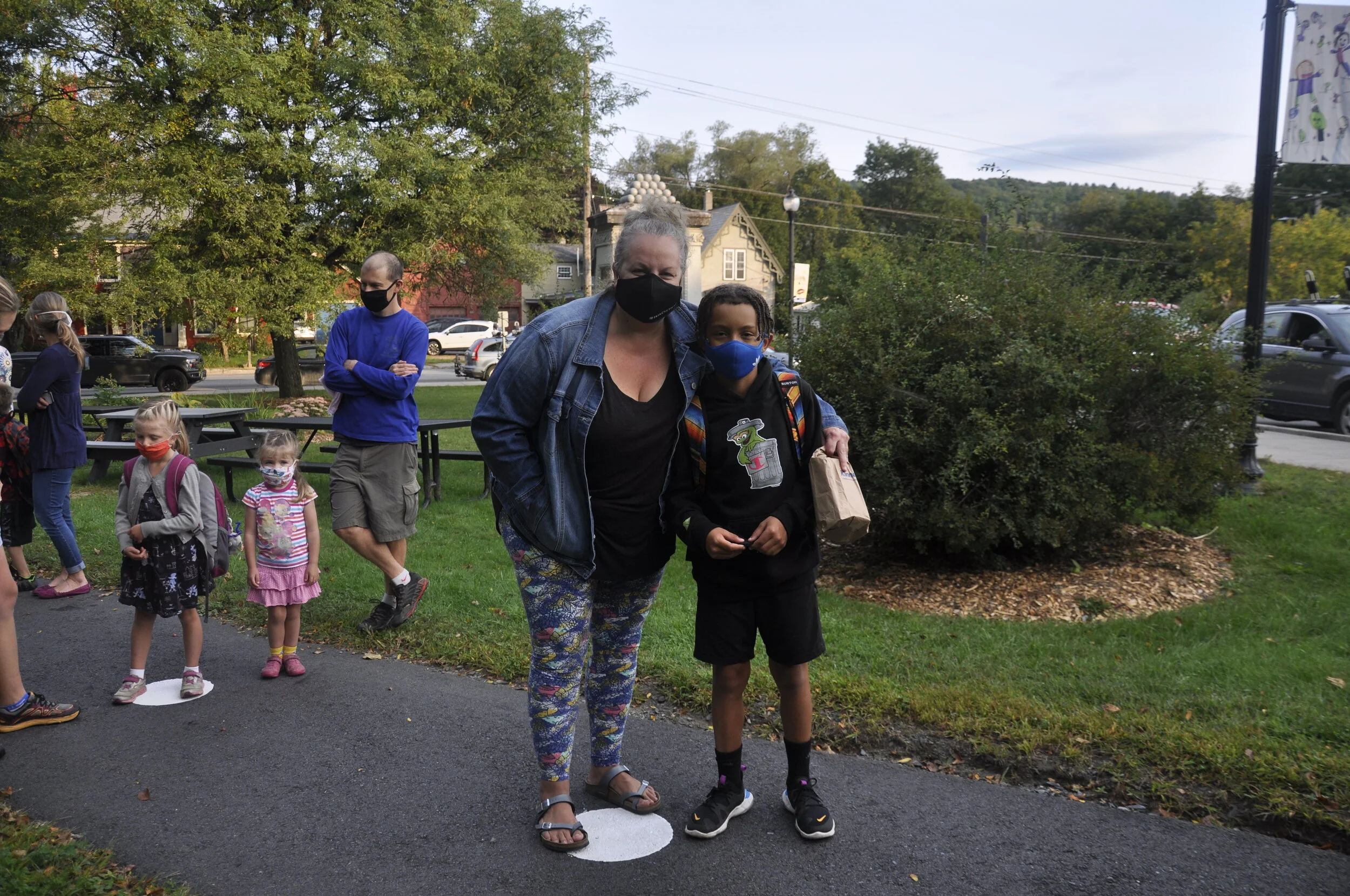   Meredith Pelkey and her 4th grade son Silas take the first day in stride. Photo by Lisa Scagliotti.  