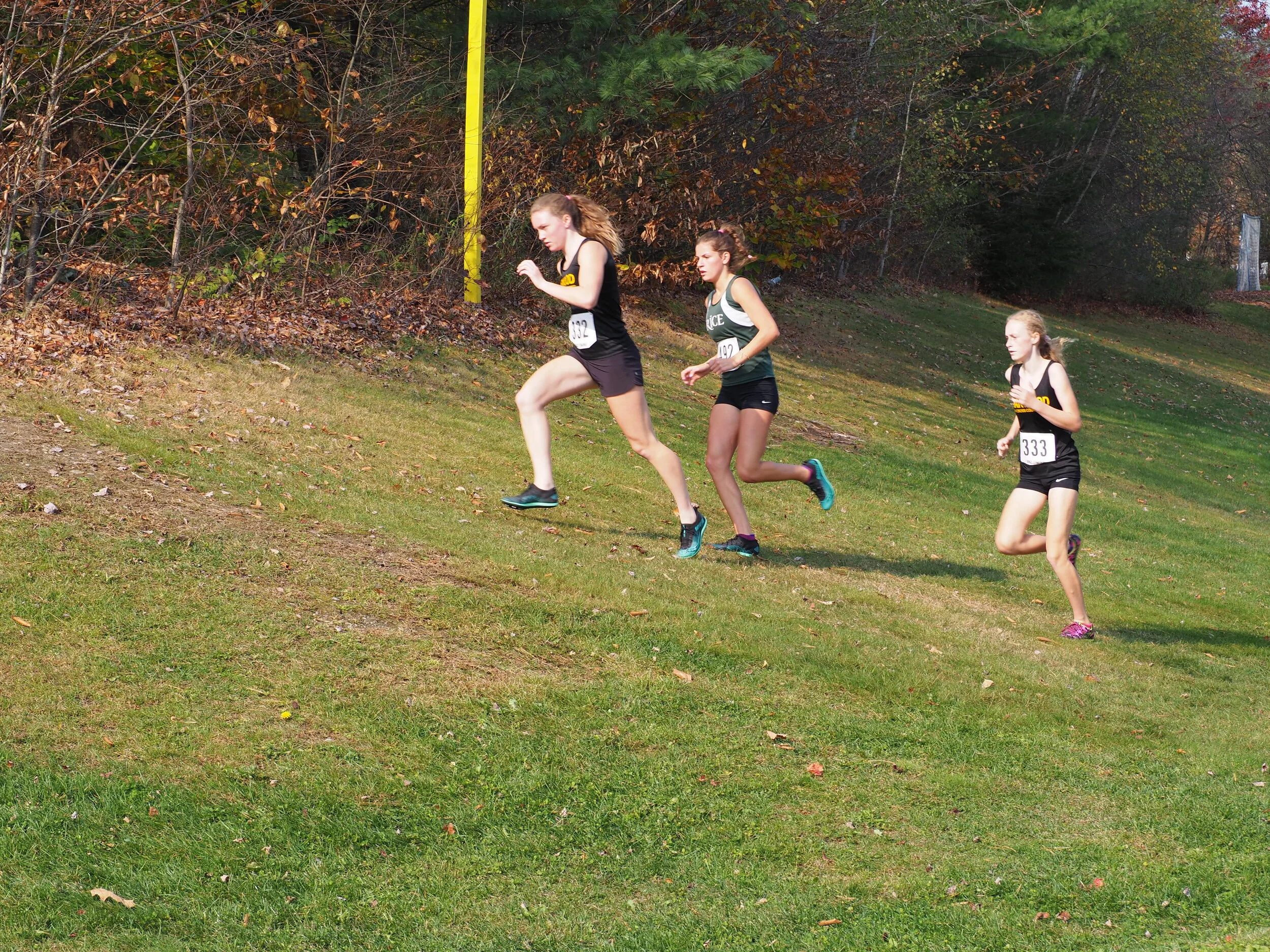   First-place finisher Ava Thurston is in the lead ahead of Rice's Emily Bloom who finished second and Julia Thurston, who ranked fourth, as they take one of Harwood's hills. Photo by Ann Zetterstrom.  