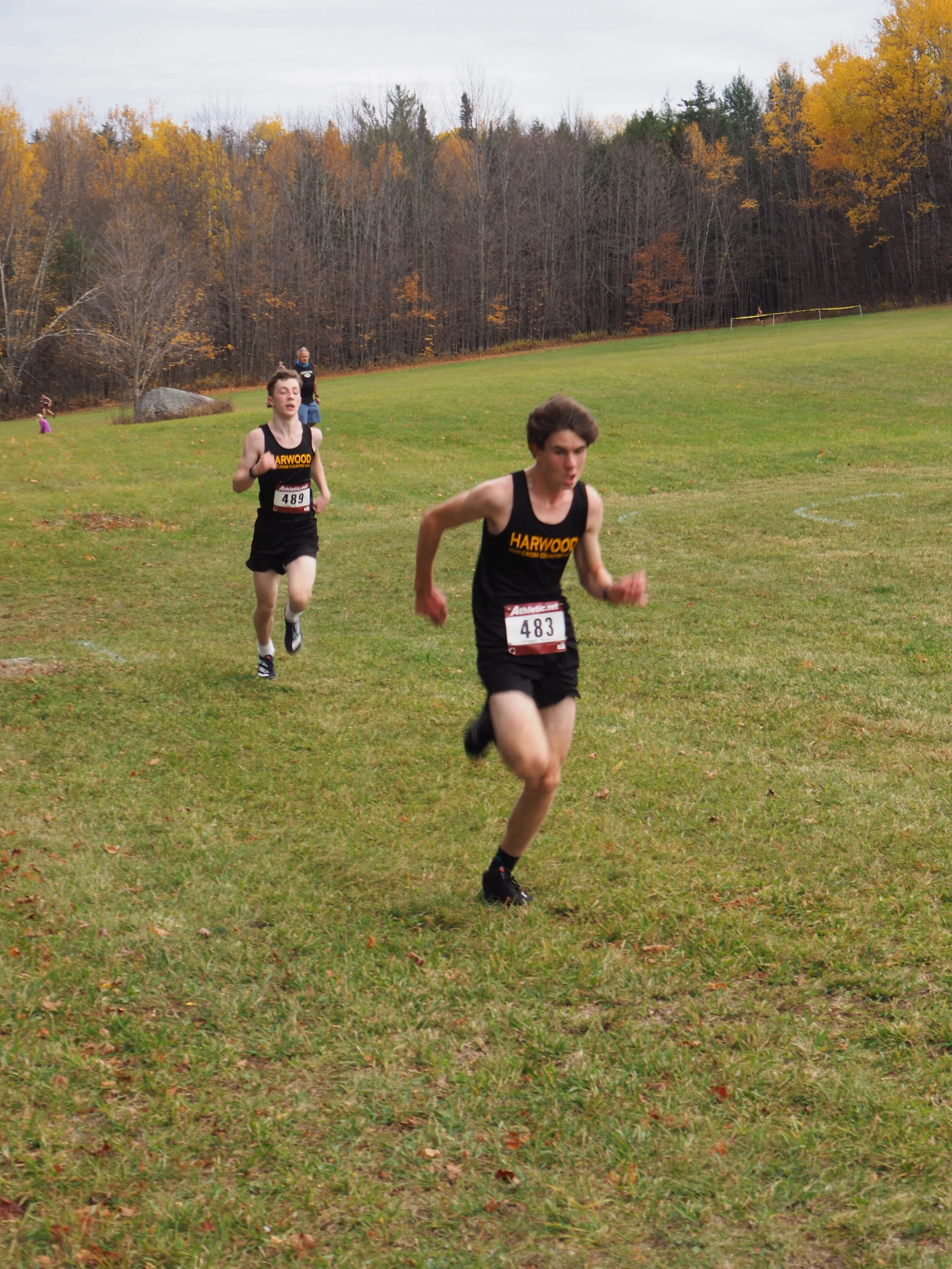   Rye MacCurtain and Tye Silveria sprint to the finish at the Spaulding meet. Photo courtesy the Zetterstrom family.  