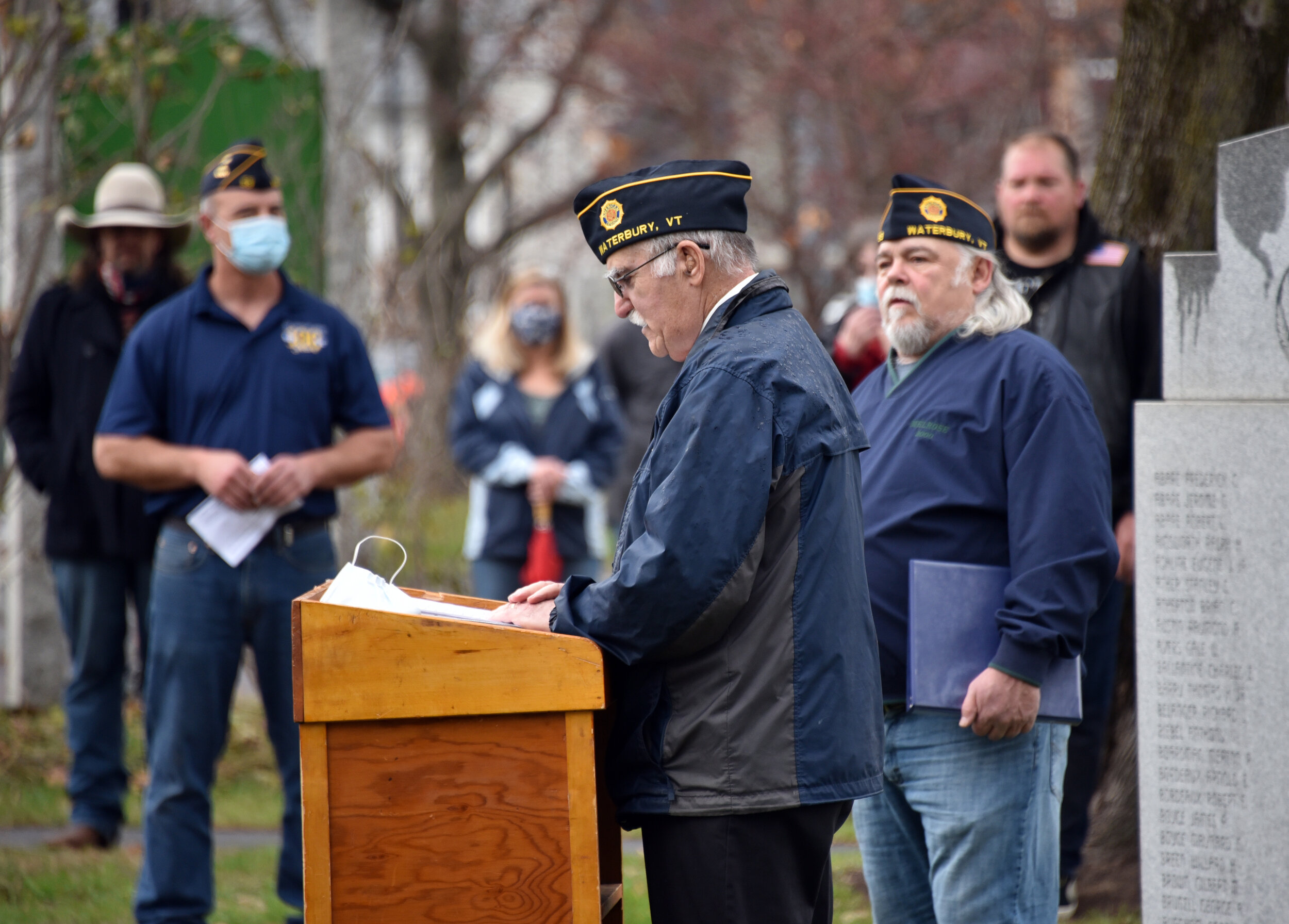   At 11 a.m., Alonzo Perry, commander of the American Legion Post 59, leads a solemn ceremony held each year on Nov. 11 originally chosen to commemorate the day marking the armistice signed between the allies of World War I and Germany to end hostili