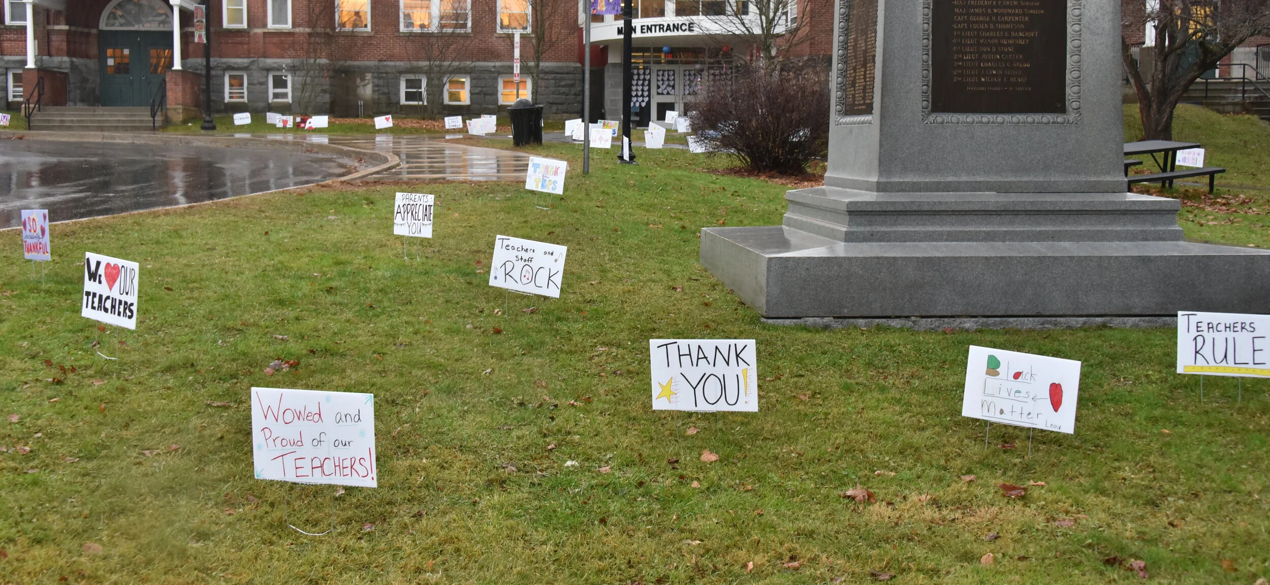  Some signs mentioned specific teachers. Others were general messages to the whole staff. Photo by Gordon Miller. 
