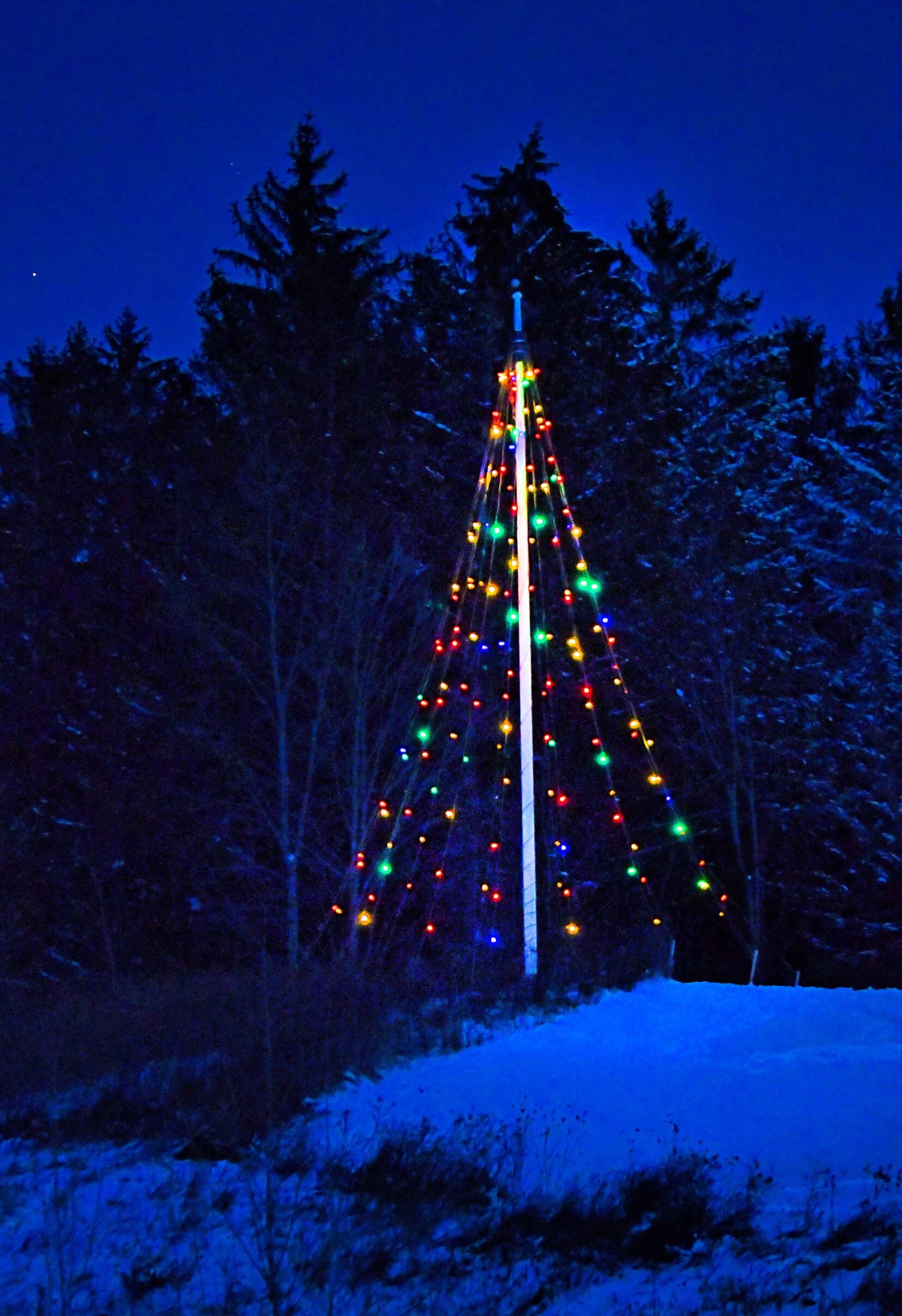   The “tree” is visible from many spots around town and especially Interstate 89’s off ramps. Photo by Gordon Miller.   
