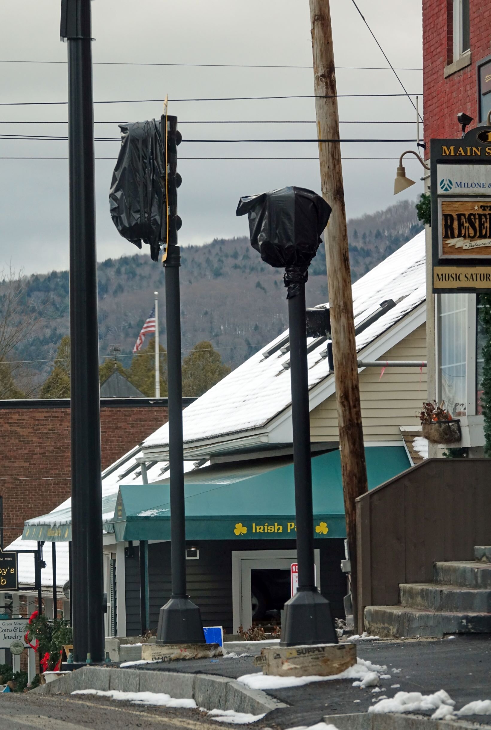   The intersection of Stowe and Main streets will eventually be clear of overhead utility wires. Photo by Gordon Miller.   