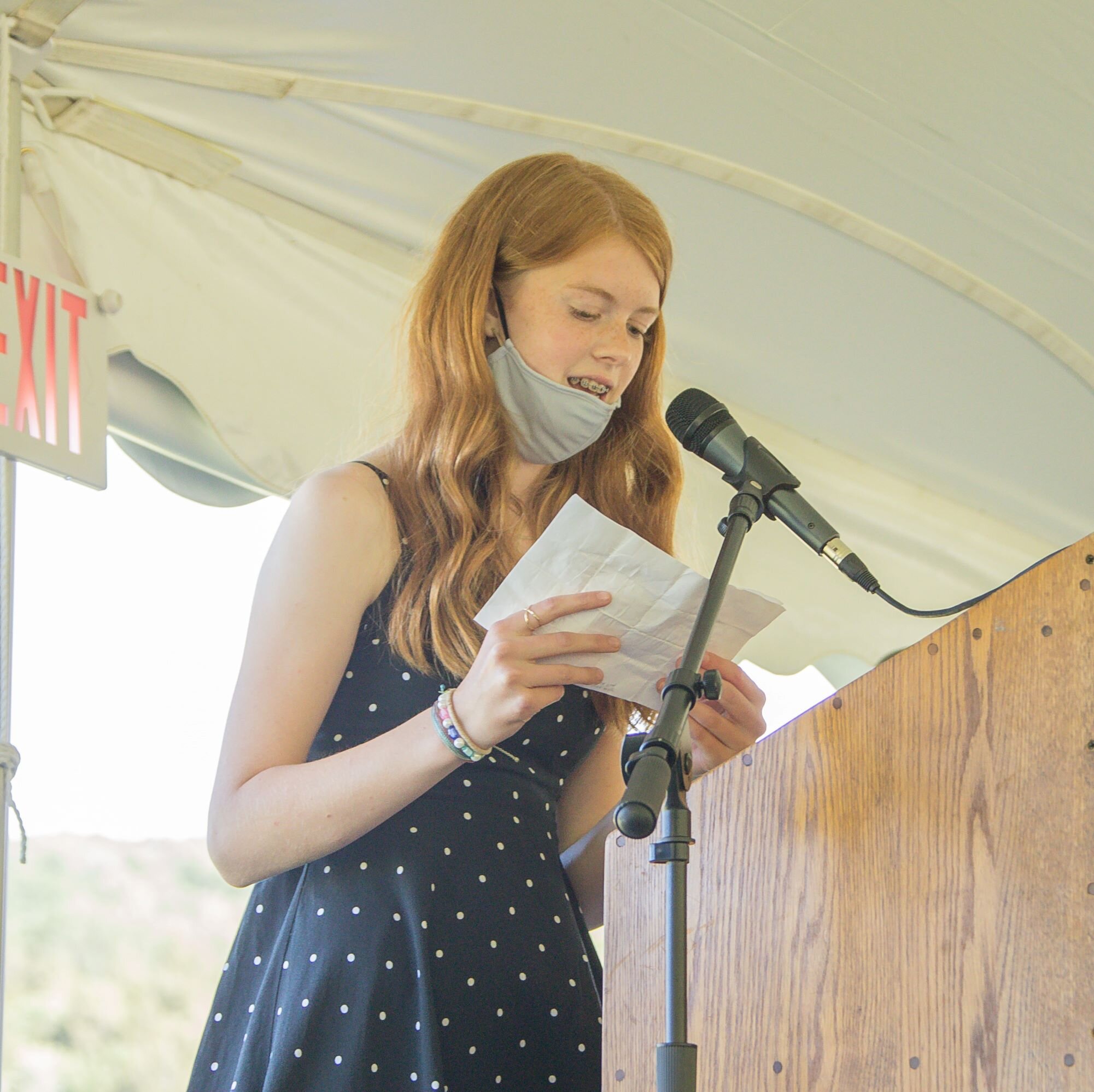   Adleigh Franke delivers the land acknowledgement recognizing that the school sits on ground once part of the Abenaki Nation. Photo by Michaela Milligan.  