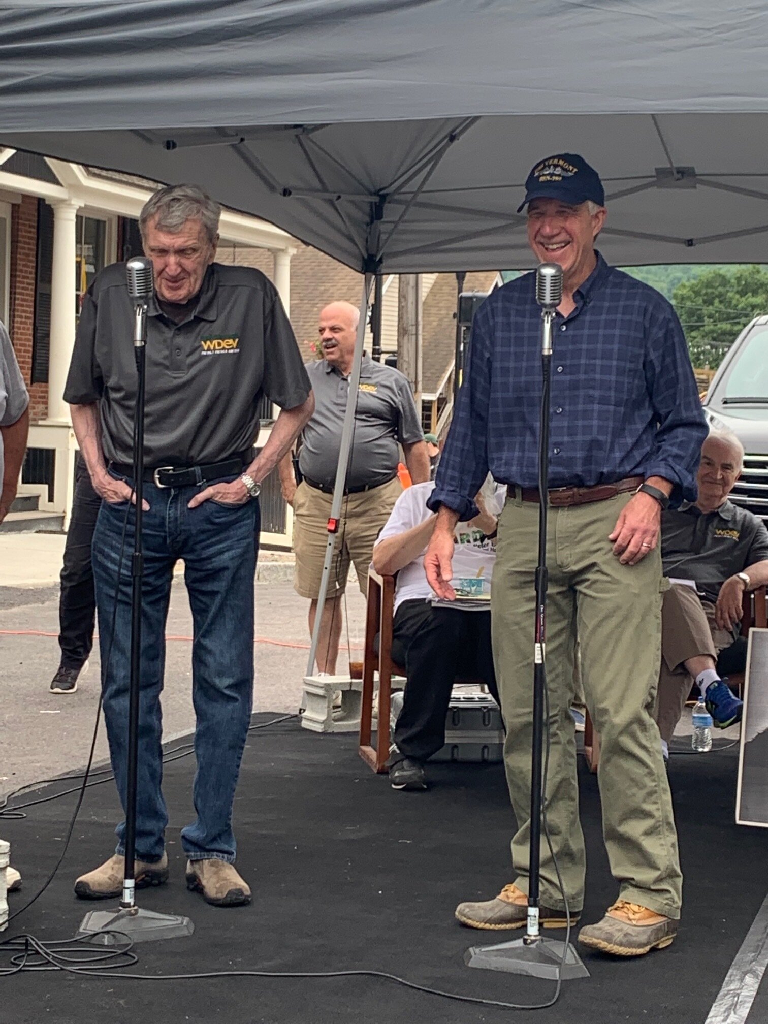   Gov. Phil Scott makes his second stop in Waterbury in a week. After riding in the Not Quite Independence Day parade July 10 with WDEV's Ken Squier, Scott returned for the WDEV bash and an on-air visit with host Ken Beardsley and Squier. Photo by Li