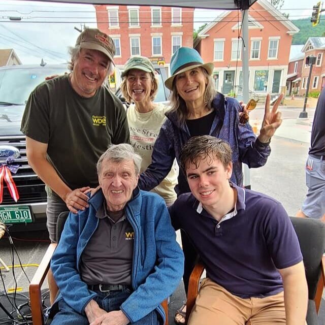   Members of the Minter-Goodman family visit with WDEV's Ken Squier. Clockwise top left: David Goodman, host of "The Vermont Conversation"; Sue Minter, who did numerous interviews after Tropical Storm Irene as disaster recovery officer; Amy Goodman, 