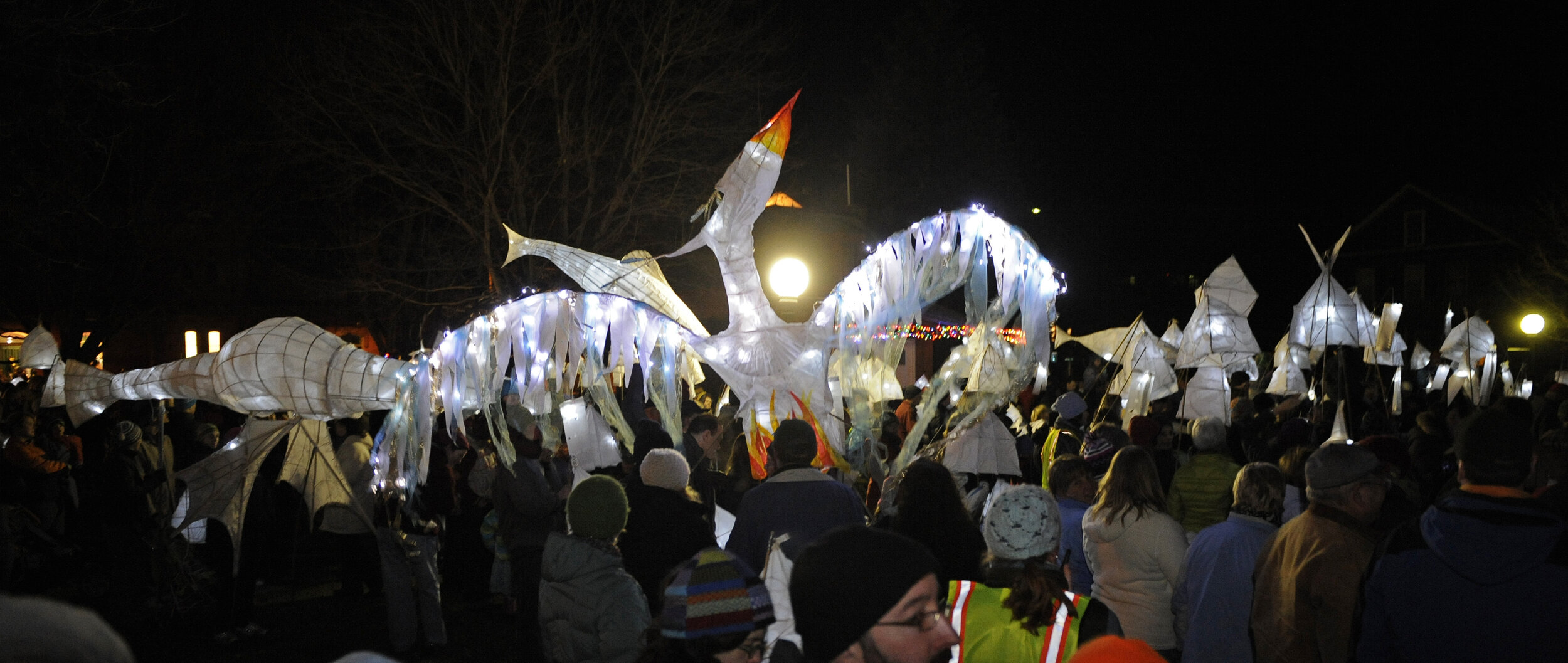  Still a new event for Waterbury in 2011, the River of Light lantern parade went ahead as a needed community celebration. The larger-than-life phoenix lantern named Ophelia became a symbol of the town’s recovery. Photo by Gordon Miller 