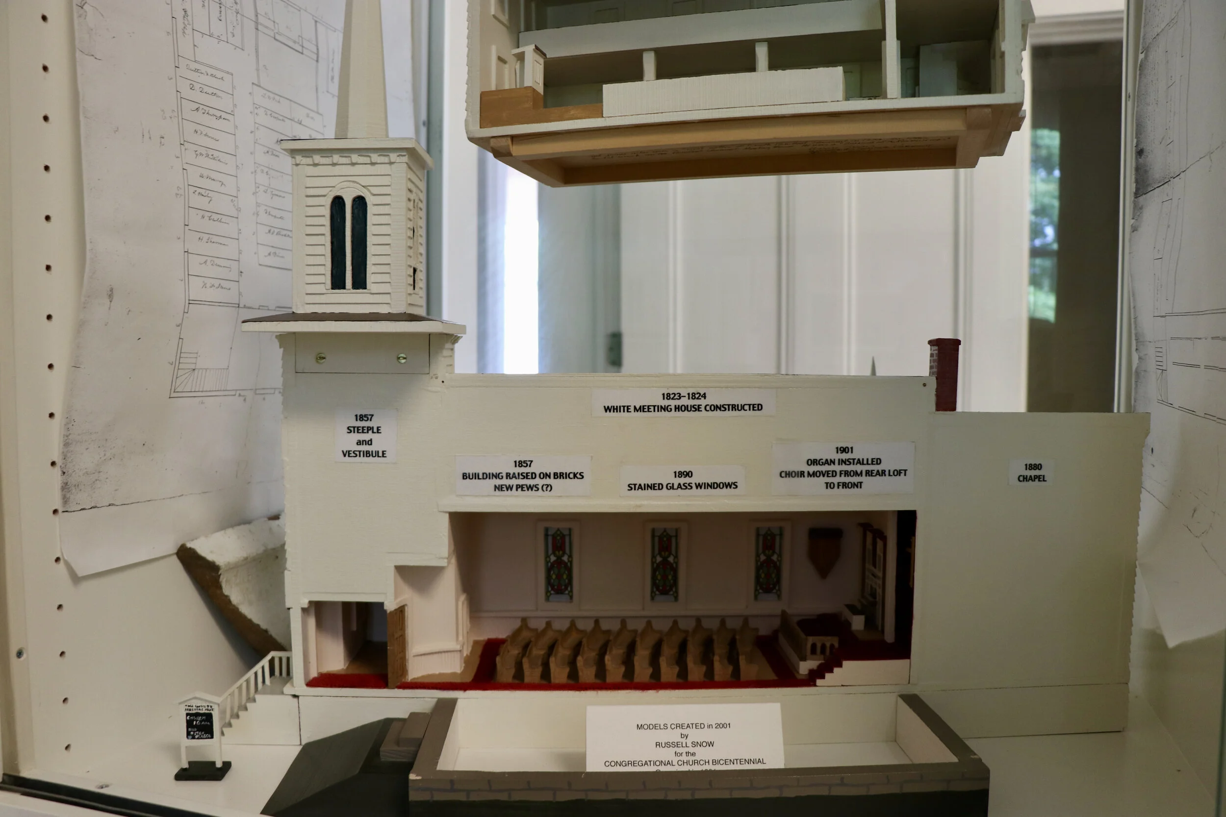  A cross-section model created for the Congregational Church bicentennial in 2001 shows phases of the building's construction starting in 1823. Photo by Megan Schneider 