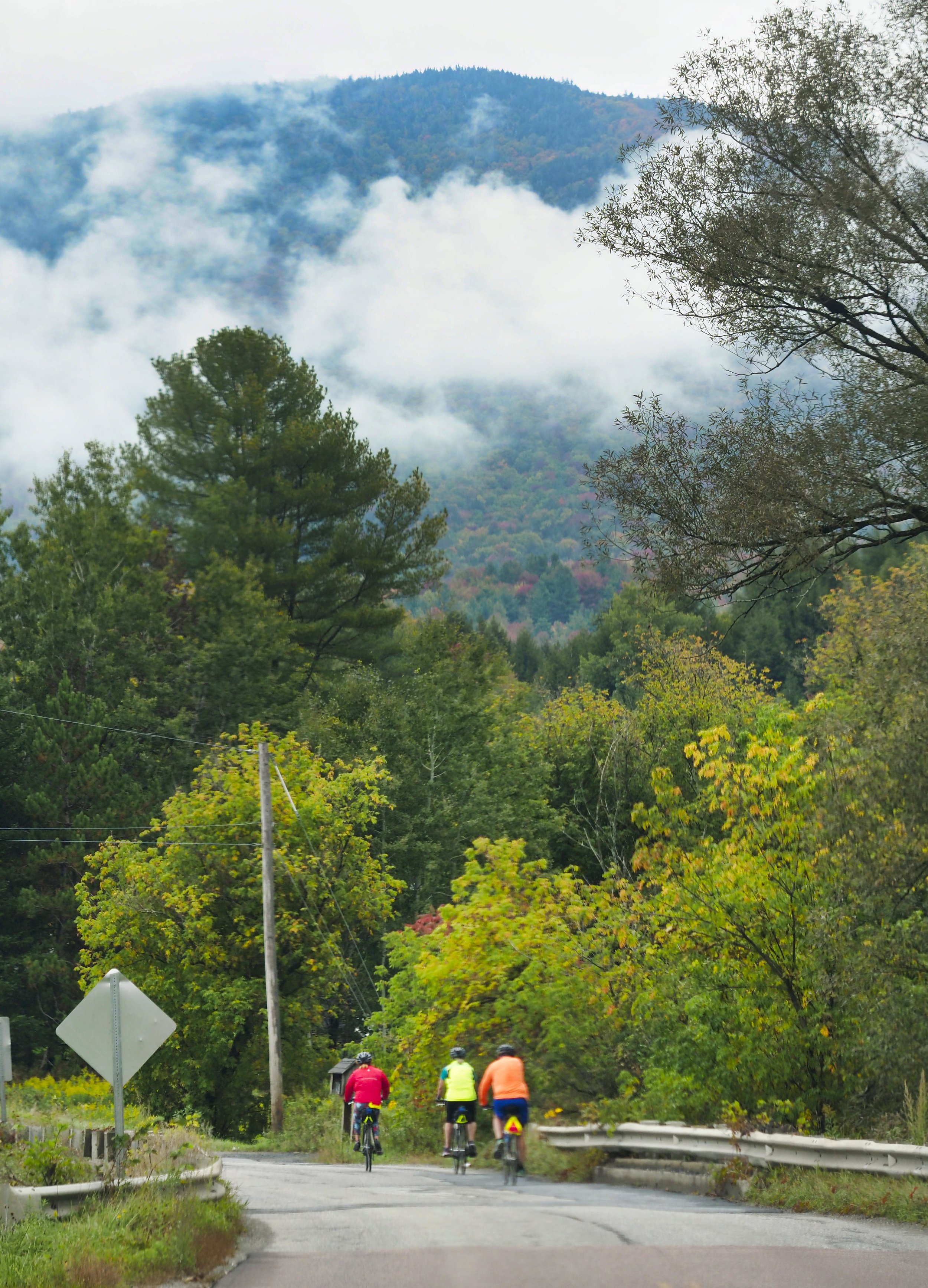   Bikers mirror the landscape on a ride along Guptil Road in Waterbury Center. Photo by Gordon Miller  