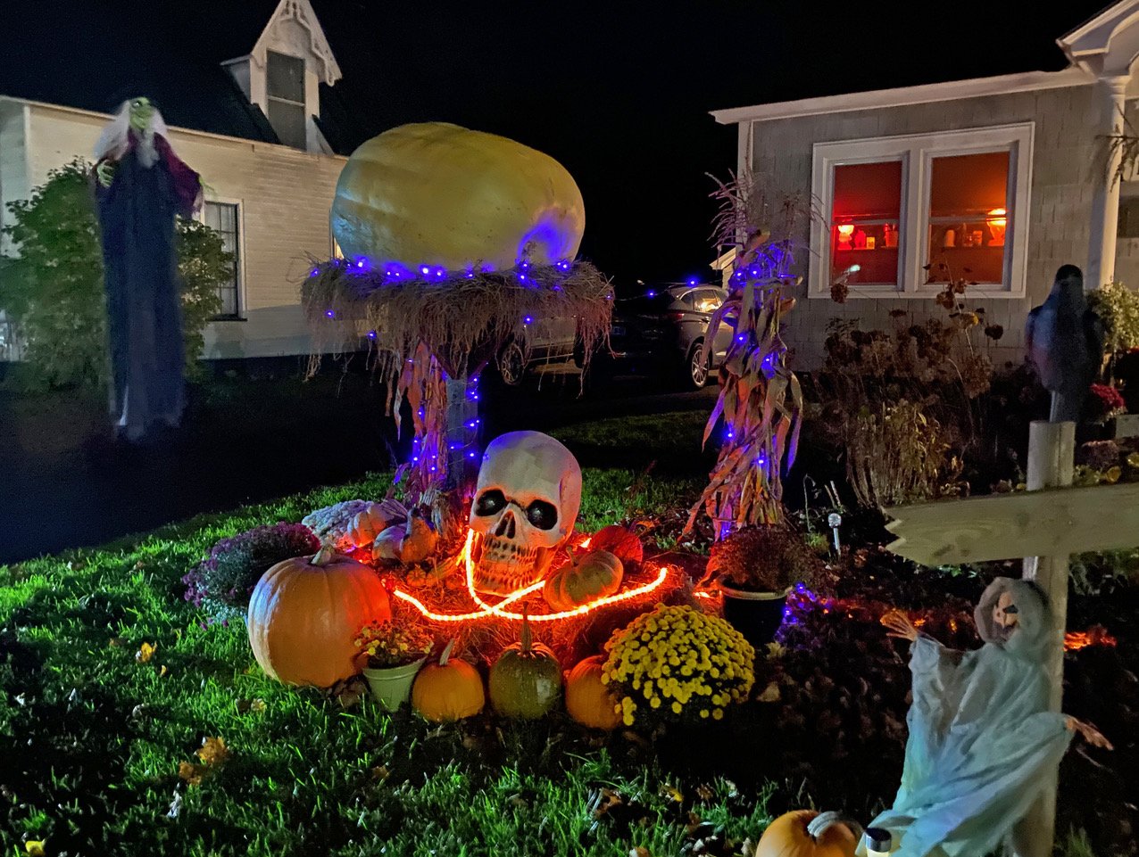  Rich Wilbur’s lighted front yard on South Main Street celebrates the season with spooky characters and a giant gourd. Photo by Gordon Miller 