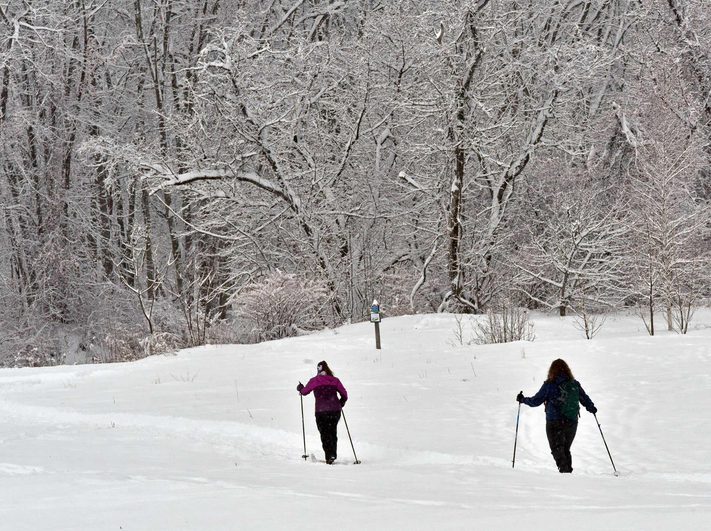  Eliza Barnard and Salina Longe get out for a cross-country ski on the community path during the storm. Photo by Gordon Miller 