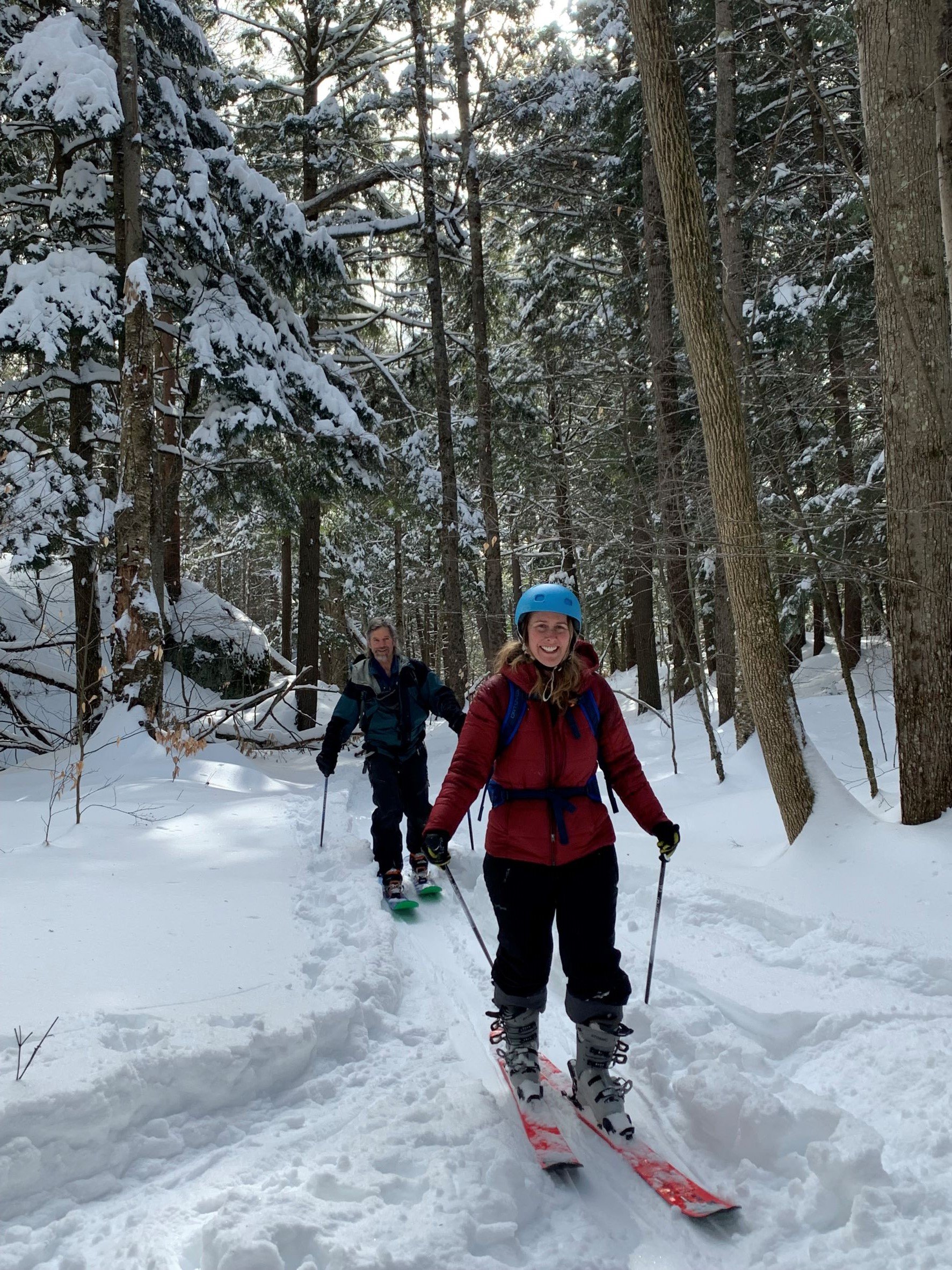   Bill Minter and Georgiana Birmingham joined more than 20 others on snowshoes and skis for the annual Winterfest backcountry "descent" expedition from Blush Hill Country Club down to Little River on Sunday. Photo by Lisa Scagliotti  