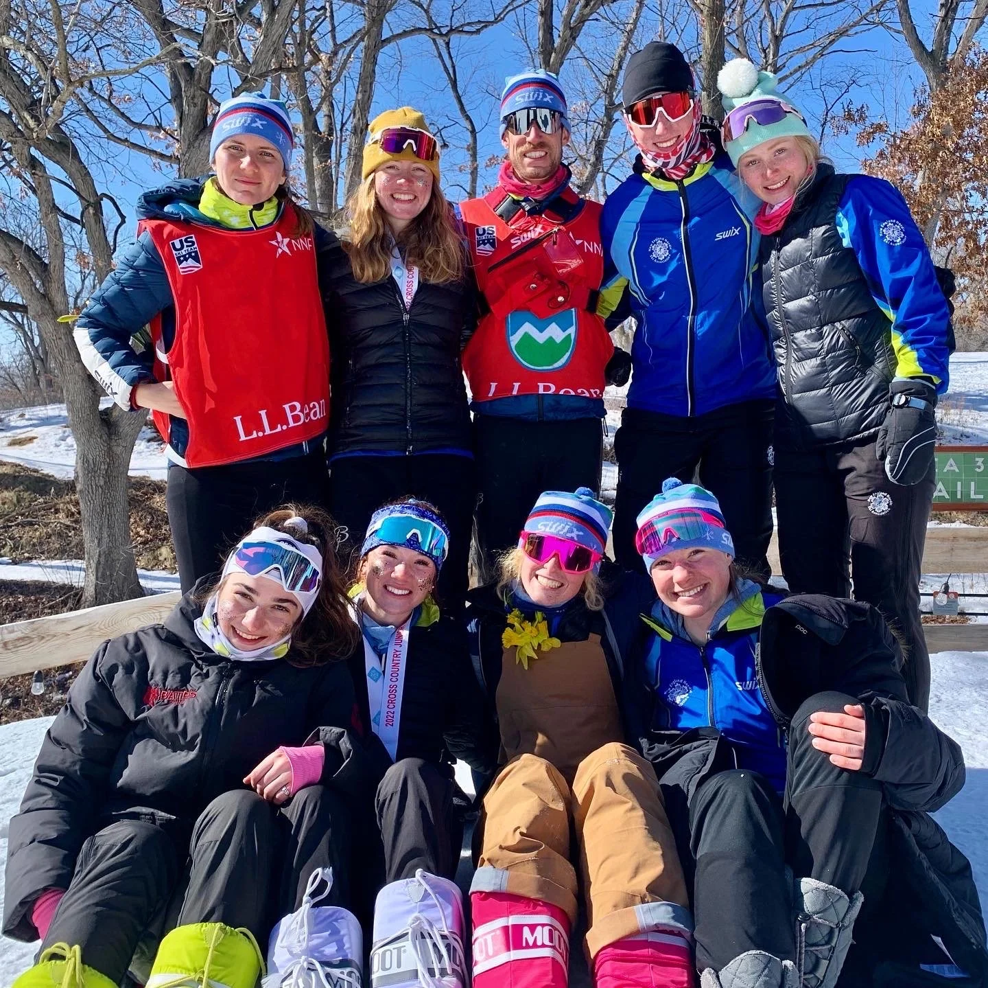   Mansfield Nordic Club skiers at the U.S. Ski and Snowboard Junior National Championships in Minneapolis March 7-12.   L-R top row: Coach Sara Falconer, Ava Thurston of Waterbury, Coach Adam Terko, Anders Linseisen of Shelburne, Virginia Cobb of Wes