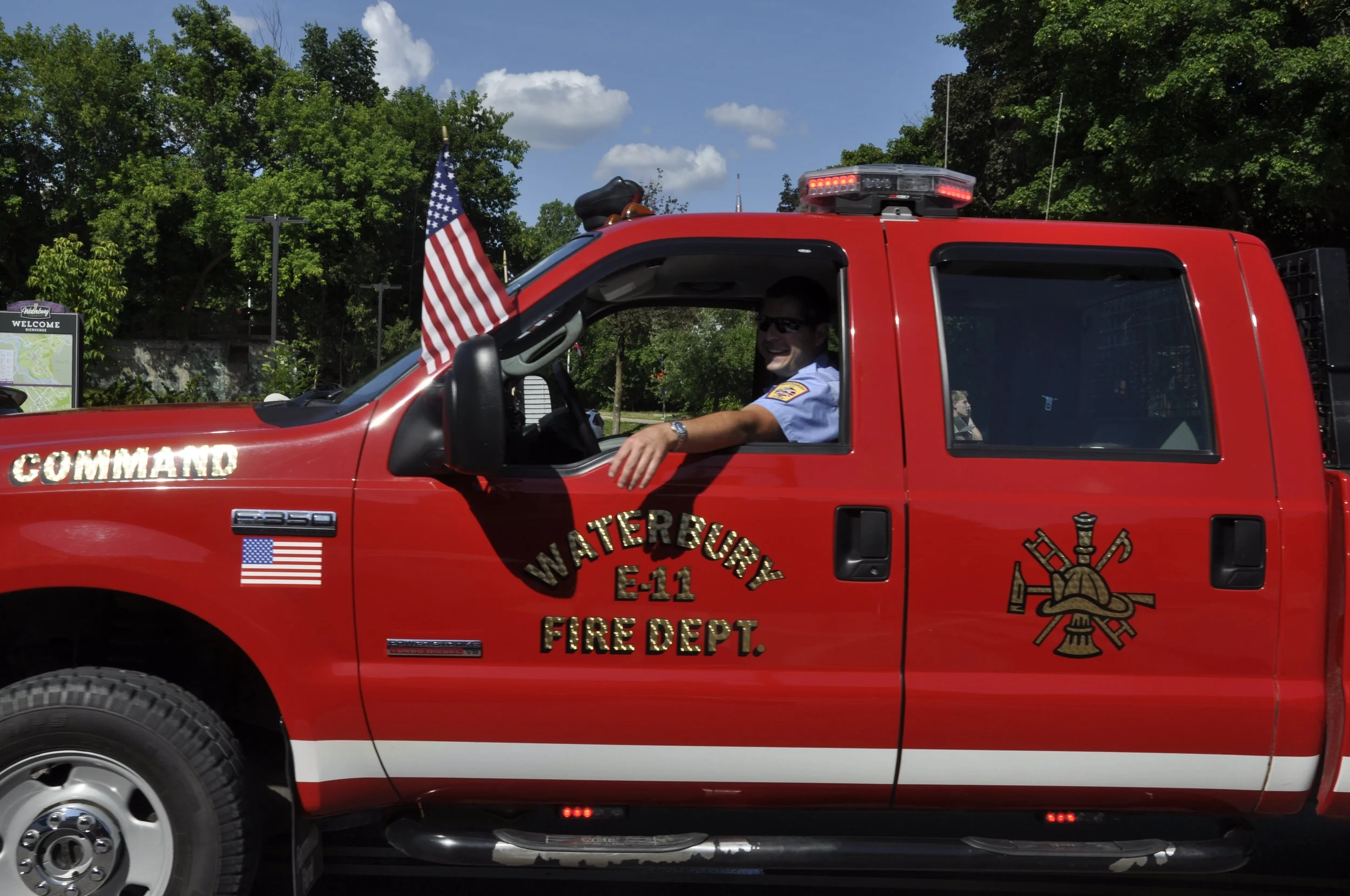  Waterbury Fire Department anchor the front of the parade in trucks...  Photo by Gordon Miller 