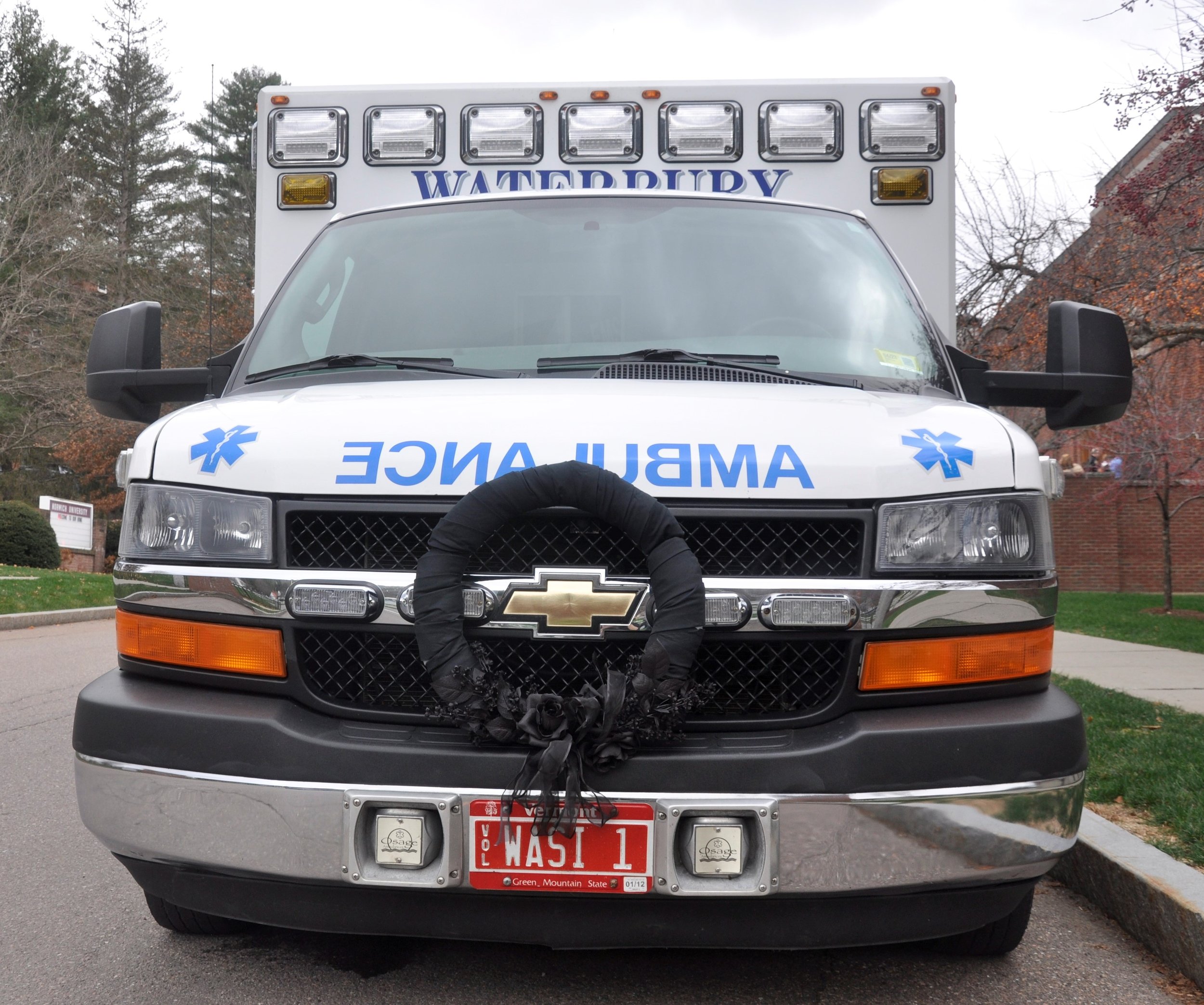  Waterbury Ambulance Service vehicles park beside Plumley Armory. Photo by Lisa Scagliotti 