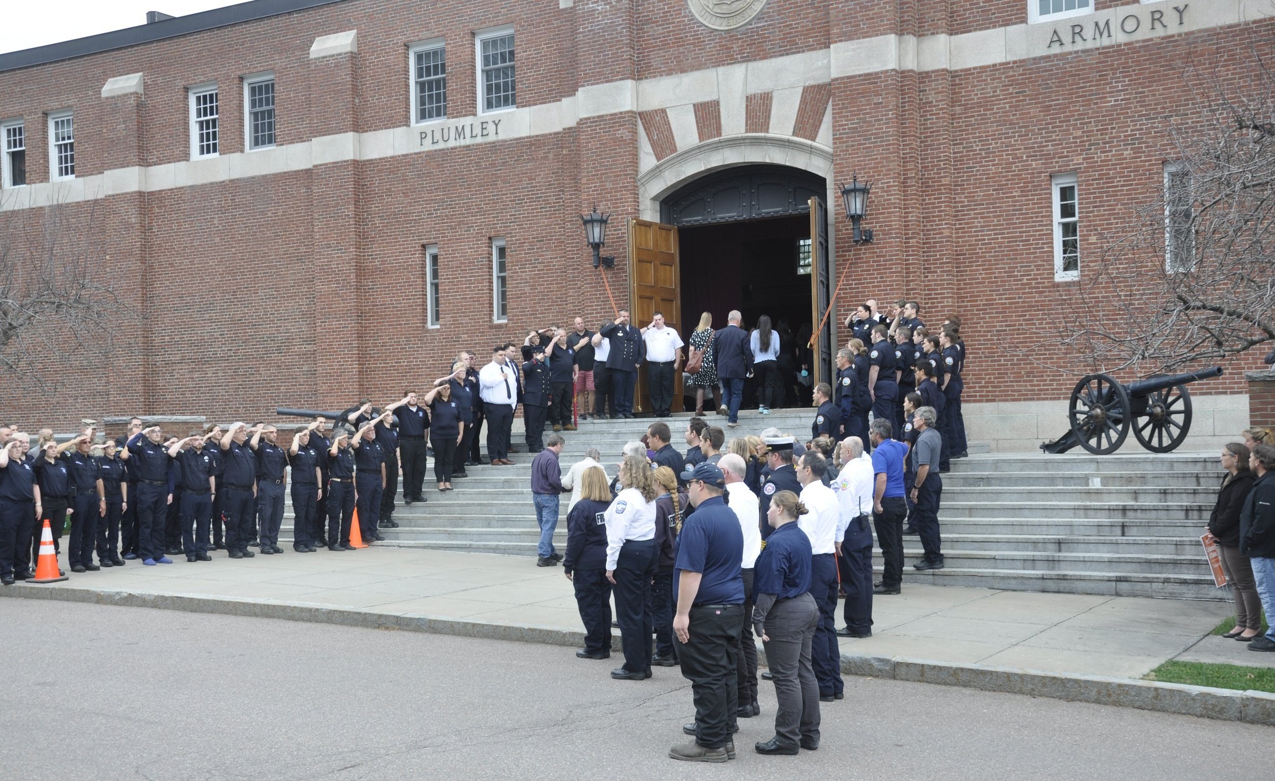  EMS members from multiple agencies line the stairs into the armory. Photo by Lisa Scagliotti 
