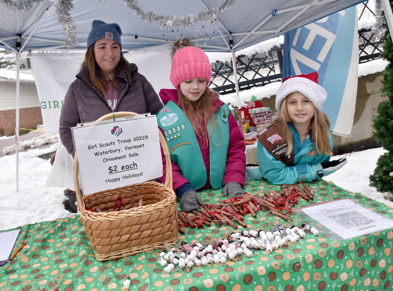   The Girl Scout ornament sale had a spot near all the activity on Stowe Street. Photo by Gordon Miller  