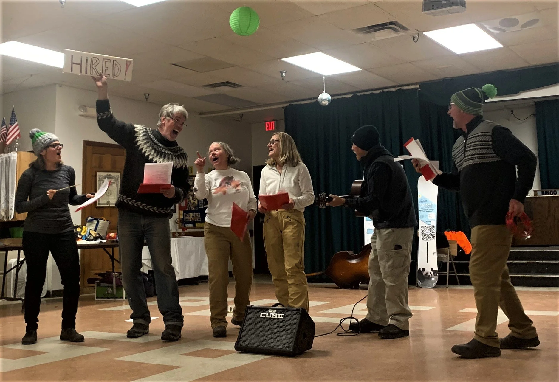   Grizwold &amp; the Deutsch Bears perform a tune that calls out retirements of Bill Shepeluk as town manager and Carla Lawrence as town clerk and notes new manager Tom Leitz is 'hired.' Photo by Lisa Scagliotti  