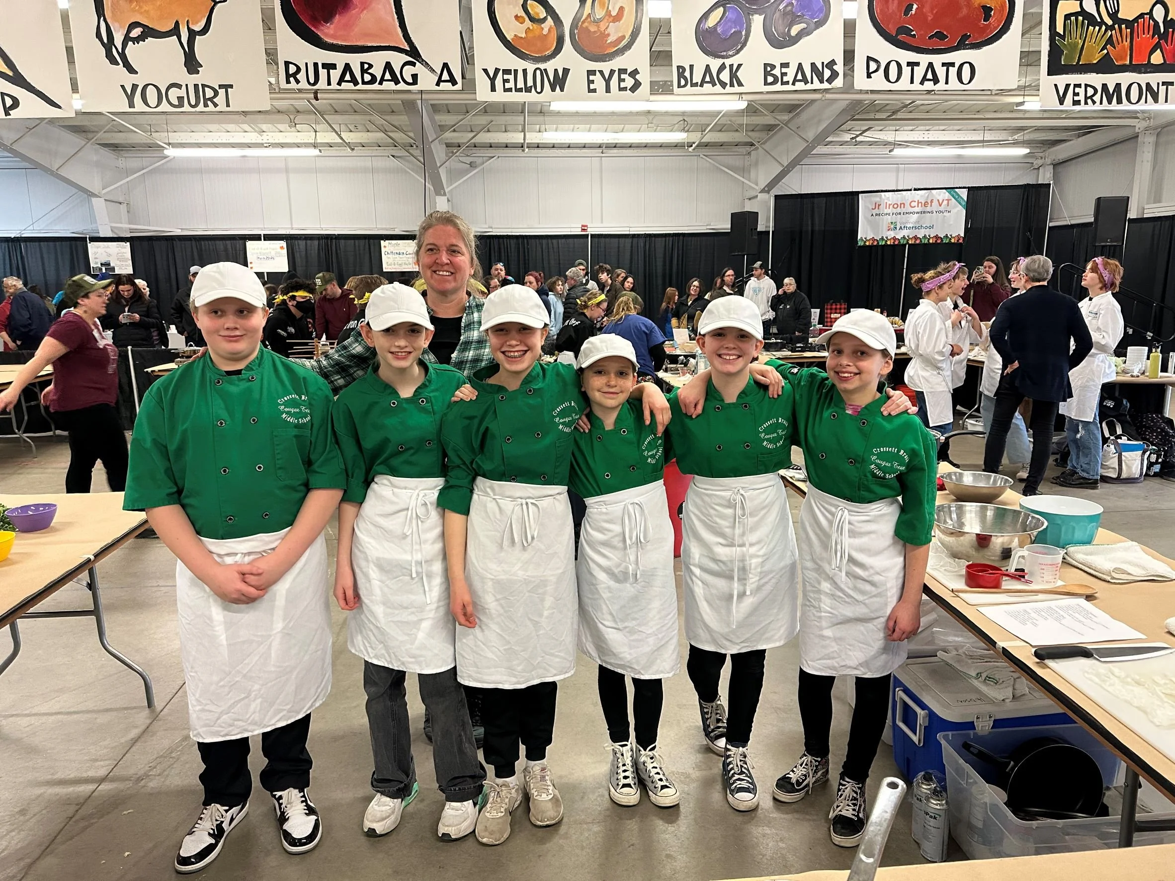   Crossett Brook 6th-7th grade Jr. Iron Chef Vermont team (left to right) Thatcher Palmer, Franki Beto, Cora Binkerd, Willa Hudson, Evelyn Andrus, Willow Thomas with coach Dana Hudson in back. Courtesy photo  