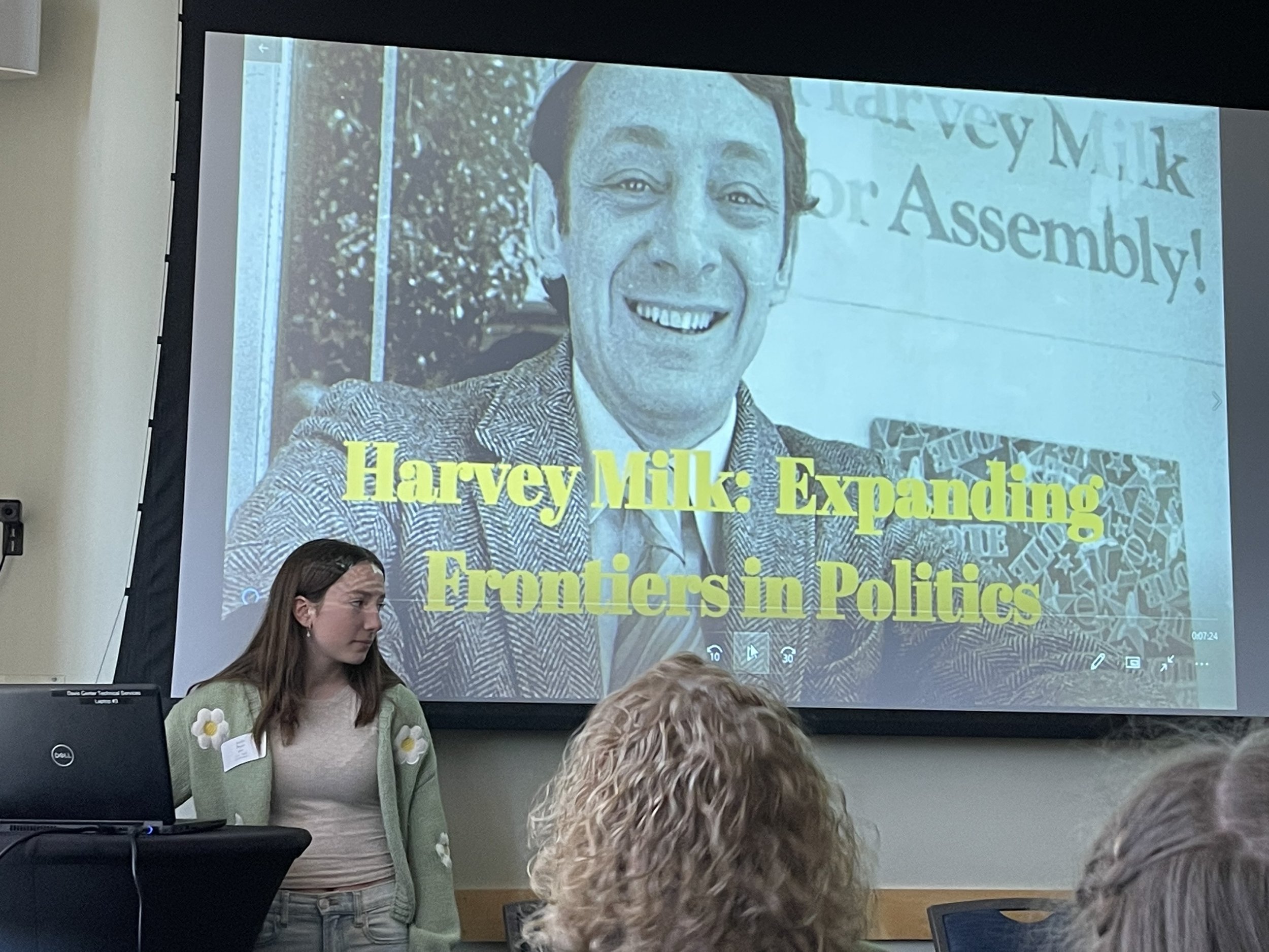  Harwood Middle School student Jocelyn Brauer presents her project that won third place in the Junior Individual Documentary category. Photo by Korie Born  